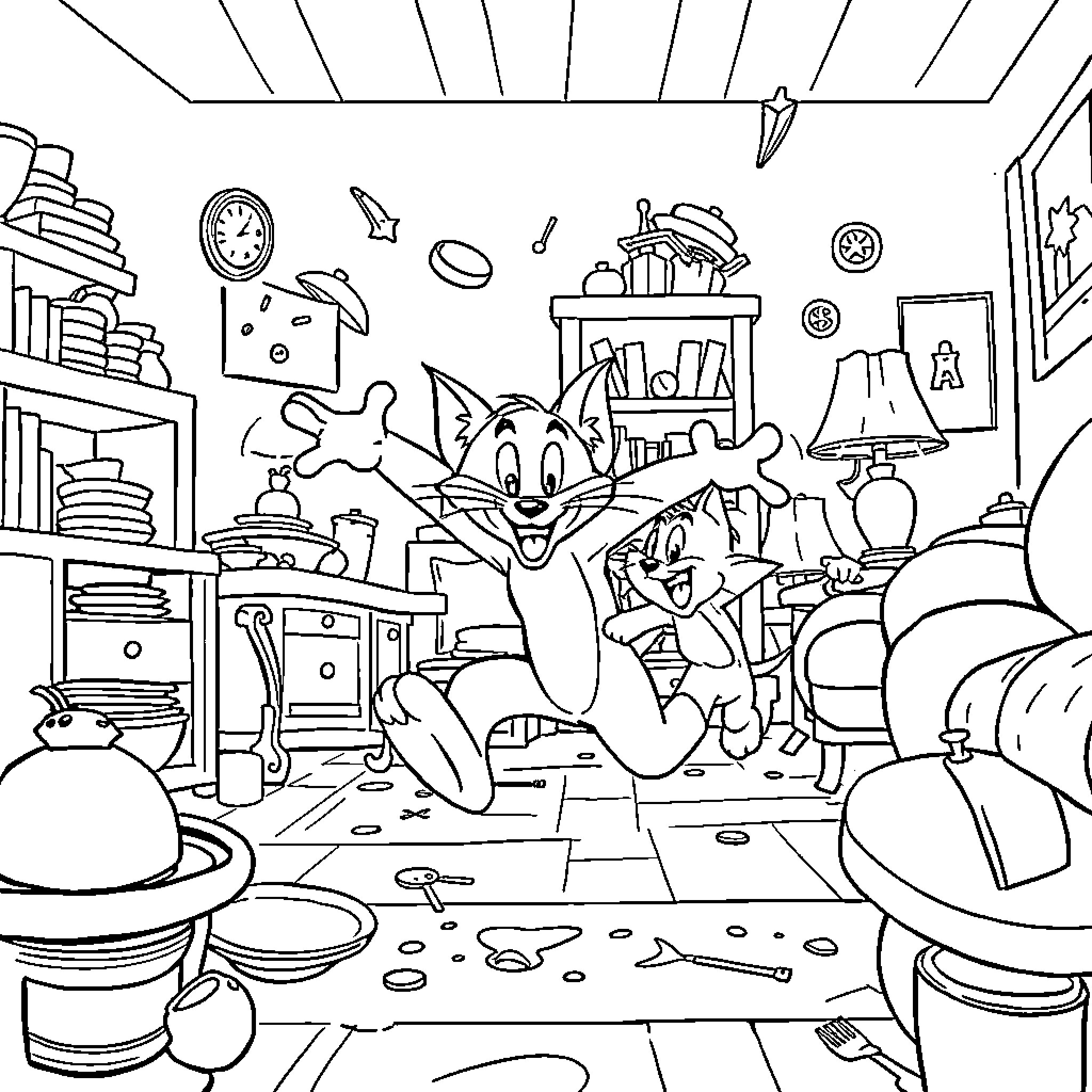 Tom and Jerry running through a messy kitchen Coloring Page (free black-and-white line drawing printable PDF for all, from beginners to advanced learners, including children, teens, adults, and seniors)