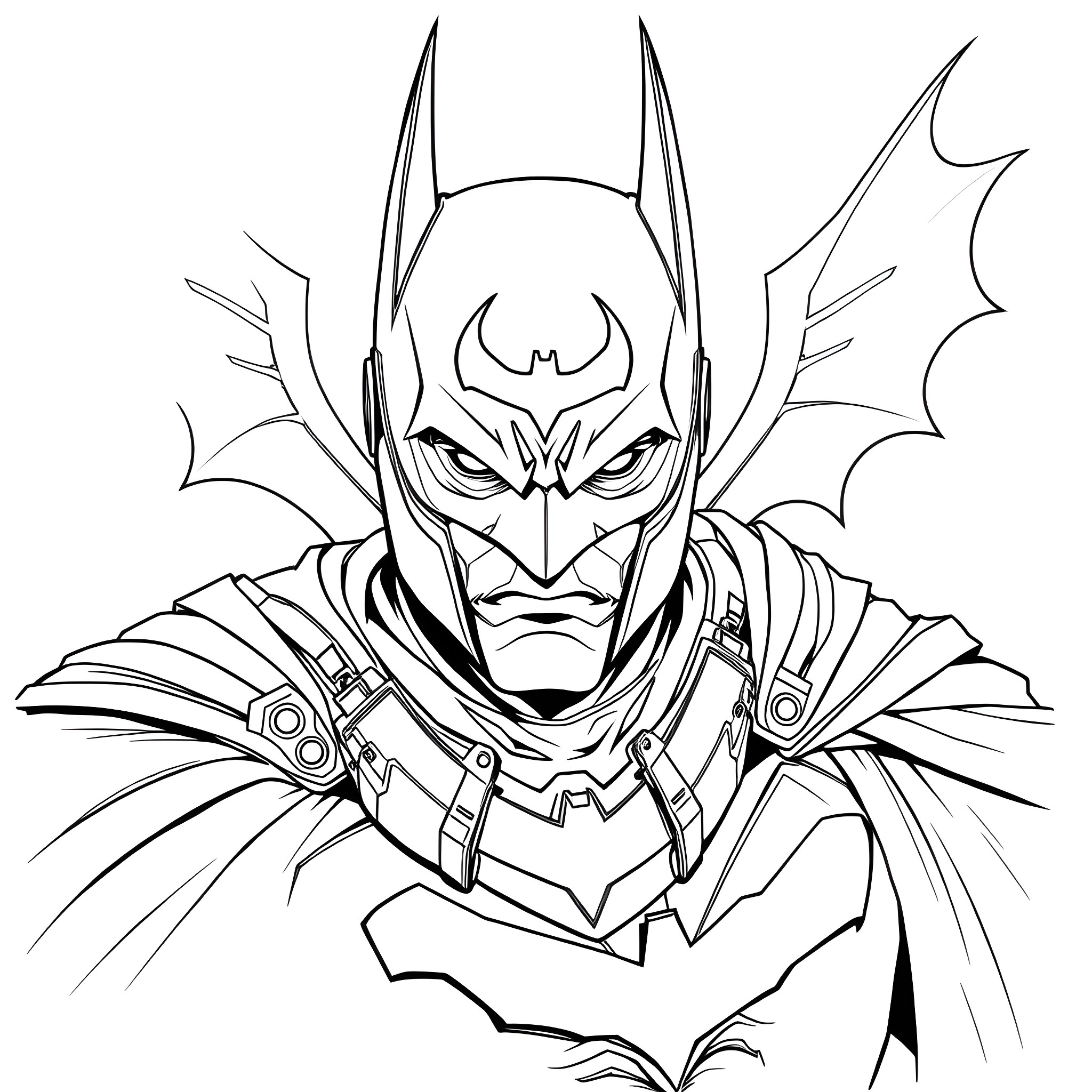 Batman in Fierce Heroic Pose Coloring Page (free black-and-white line drawing printable PDF for all, from beginners to advanced learners, including children, teens, adults, and seniors)