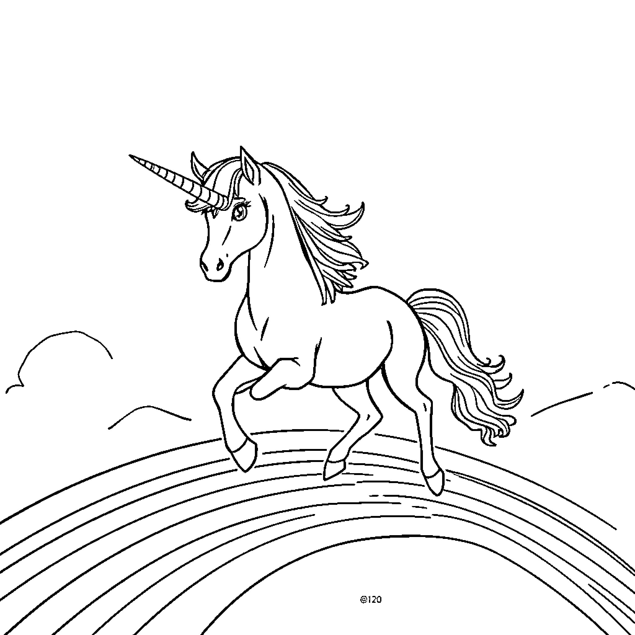Unicorn galloping amidst vibrant landscape Coloring Page (free black-and-white line drawing printable PDF for all, from beginners to advanced learners, including children, teens, adults, and seniors)