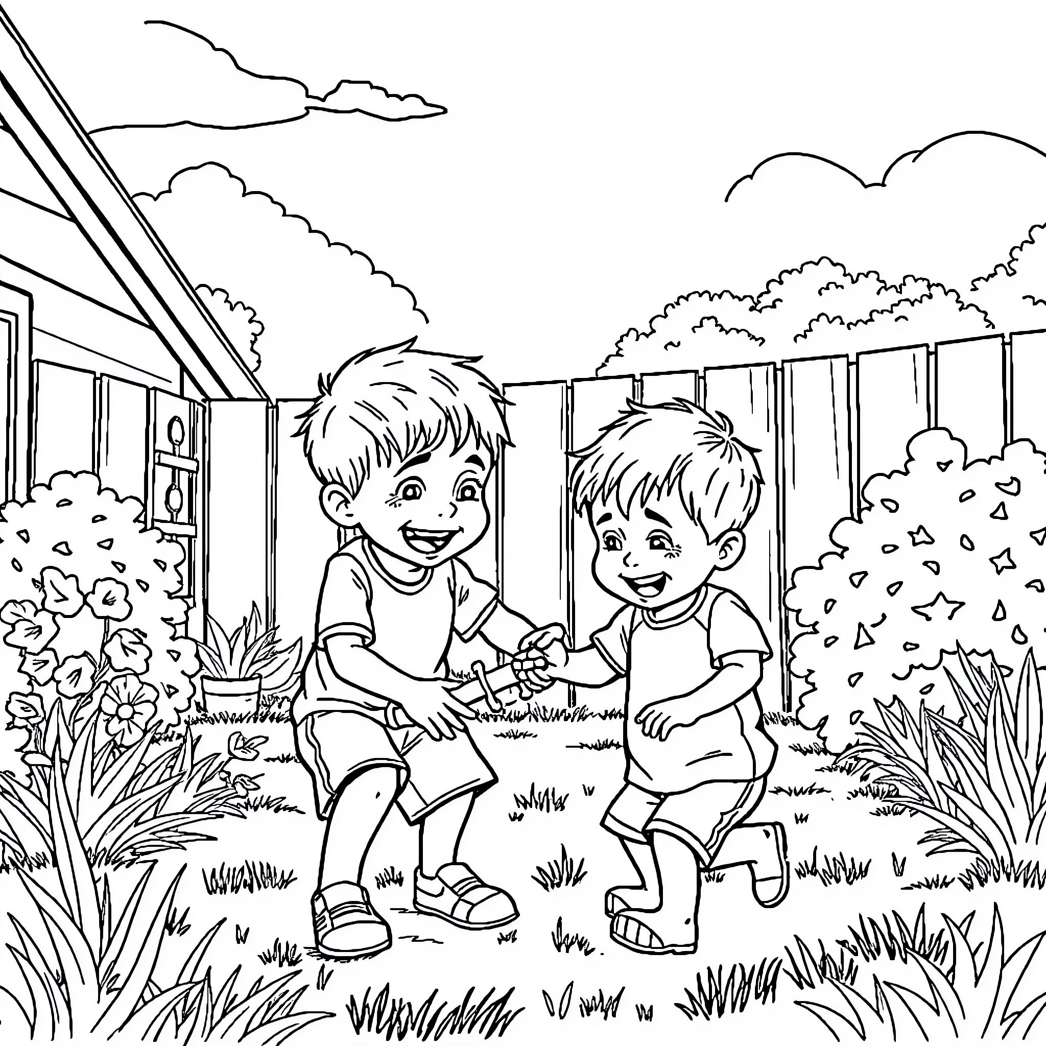 Boys playing happily in the backyard Coloring Page (free black-and-white line drawing printable PDF for all, from beginners to advanced learners, including children, teens, adults, and seniors)
