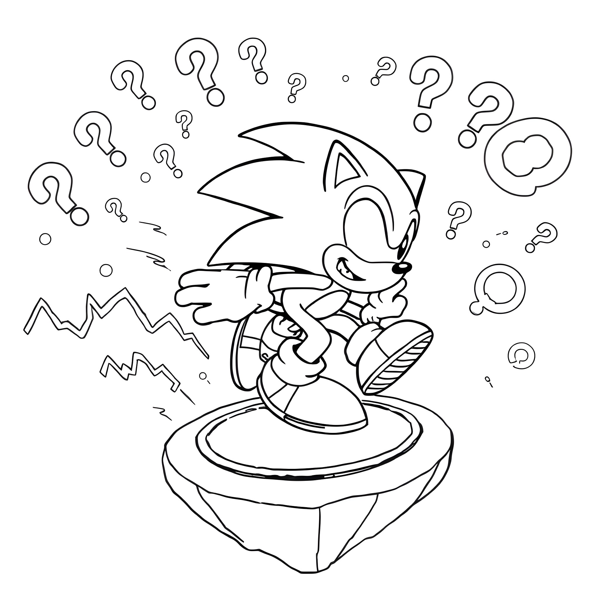 Sonic the Hedgehog pondering puzzles and mysteries Coloring Page (free black-and-white line drawing printable PDF for all, from beginners to advanced learners, including children, teens, adults, and seniors)