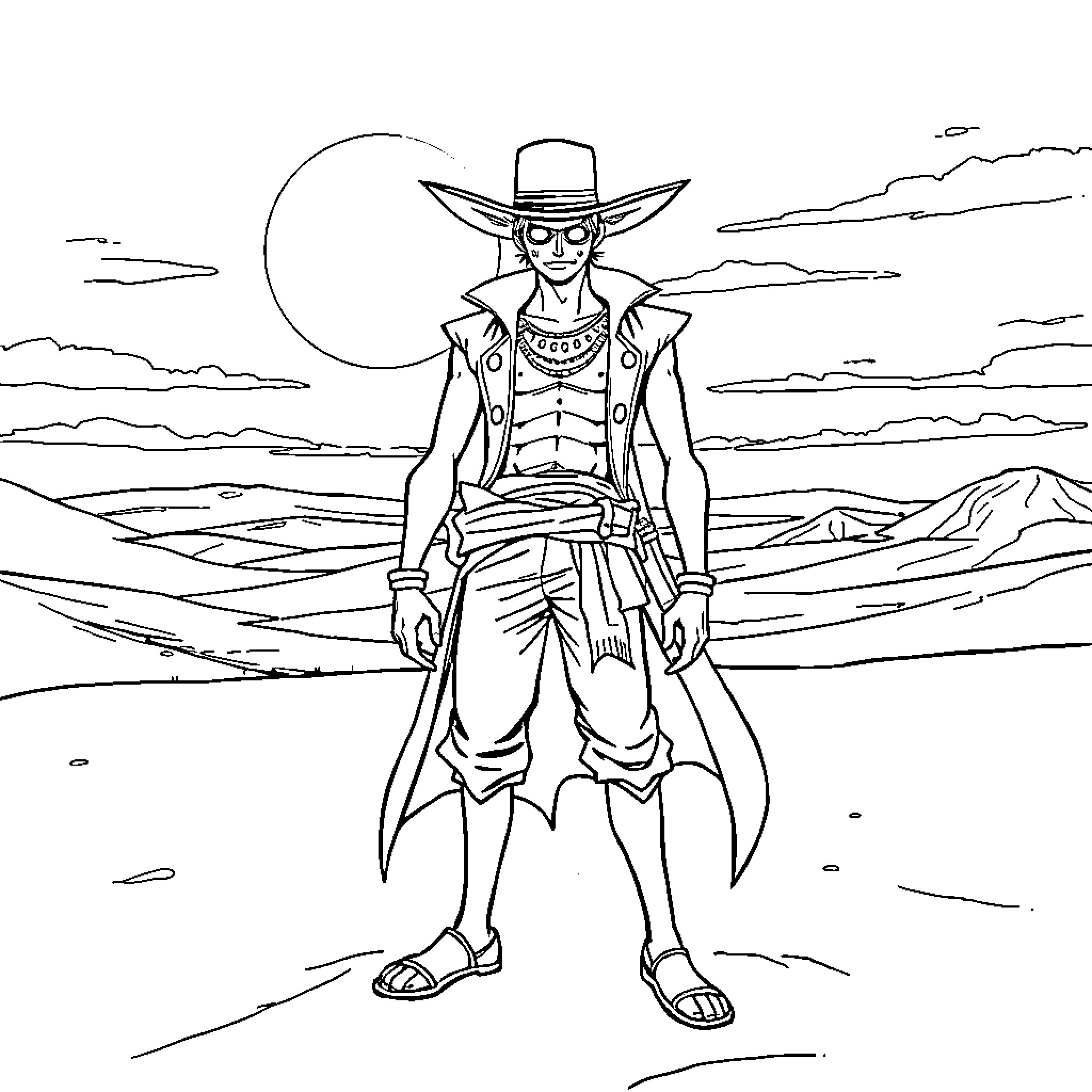 Zorro's Iconic Adventure in the Desert Coloring Page (free black-and-white line drawing printable PDF for all, from beginners to advanced learners, including children, teens, adults, and seniors)