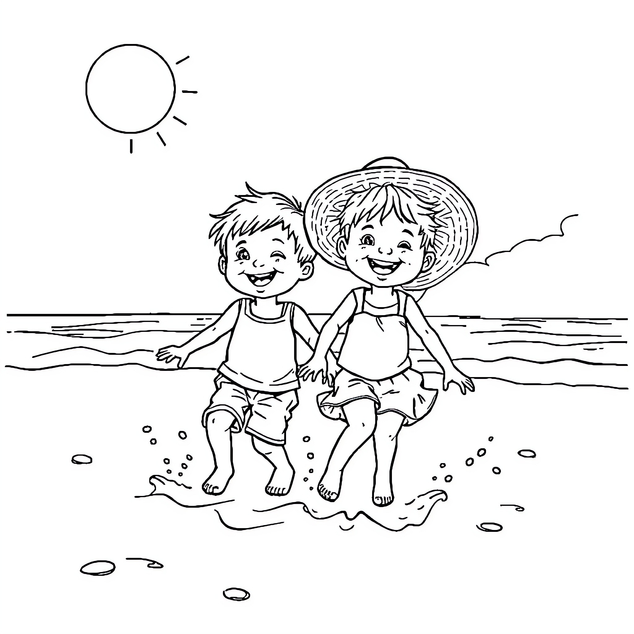 Kid playing happily at the beach Coloring Page (free black-and-white line drawing printable PDF for all, from beginners to advanced learners, including children, teens, adults, and seniors)