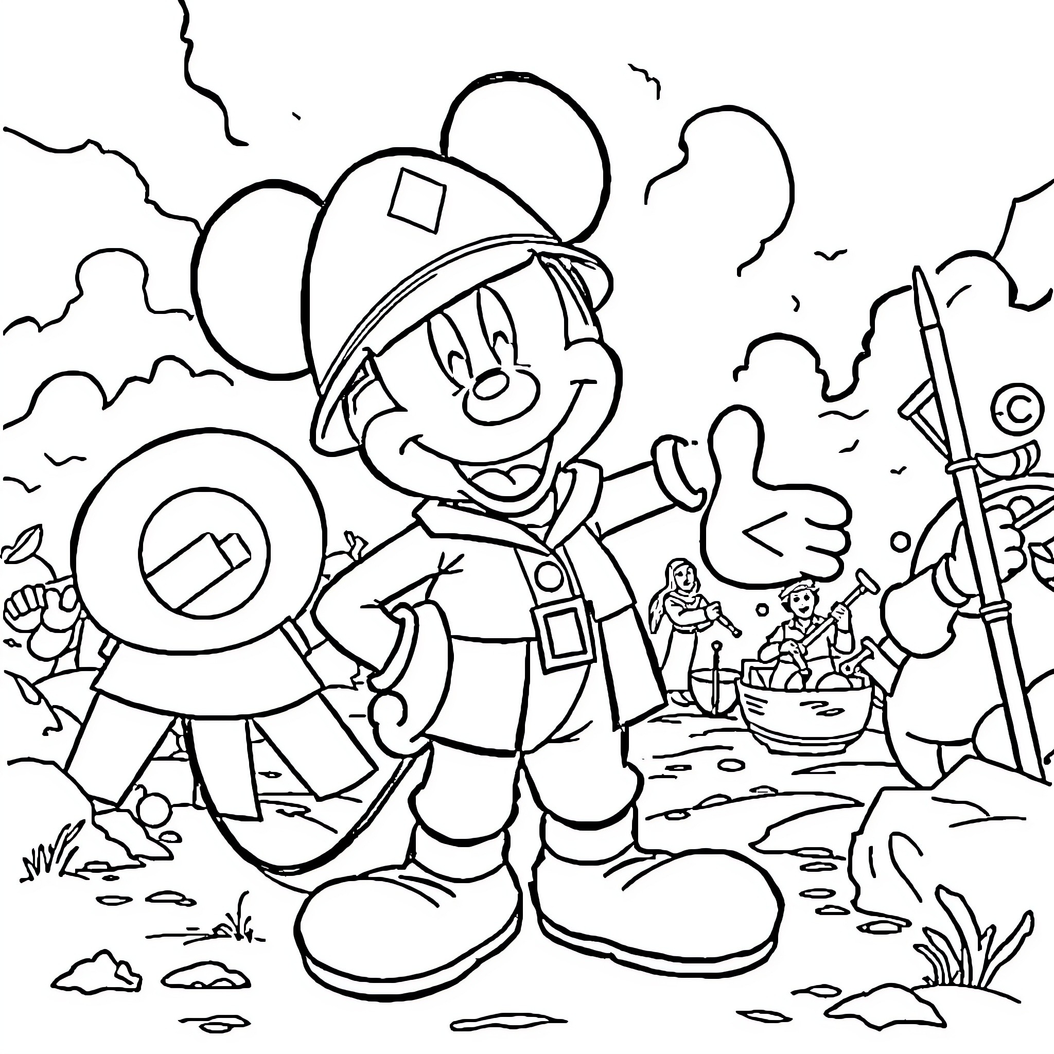 Mickey Mouse exploring the wilderness with gear Coloring Page (free black-and-white line drawing printable PDF for all, from beginners to advanced learners, including children, teens, adults, and seniors)