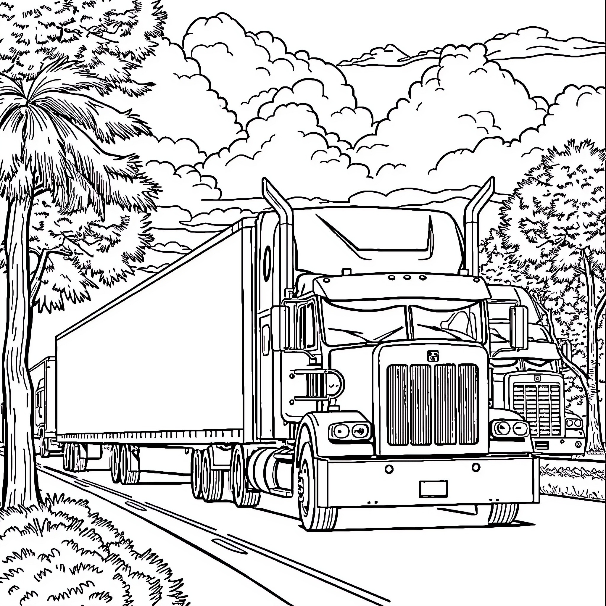 Truck hauling cargo on a winding road through a lush forest Coloring Page (free black-and-white line drawing printable PDF for all, from beginners to advanced learners, including children, teens, adults, and seniors)