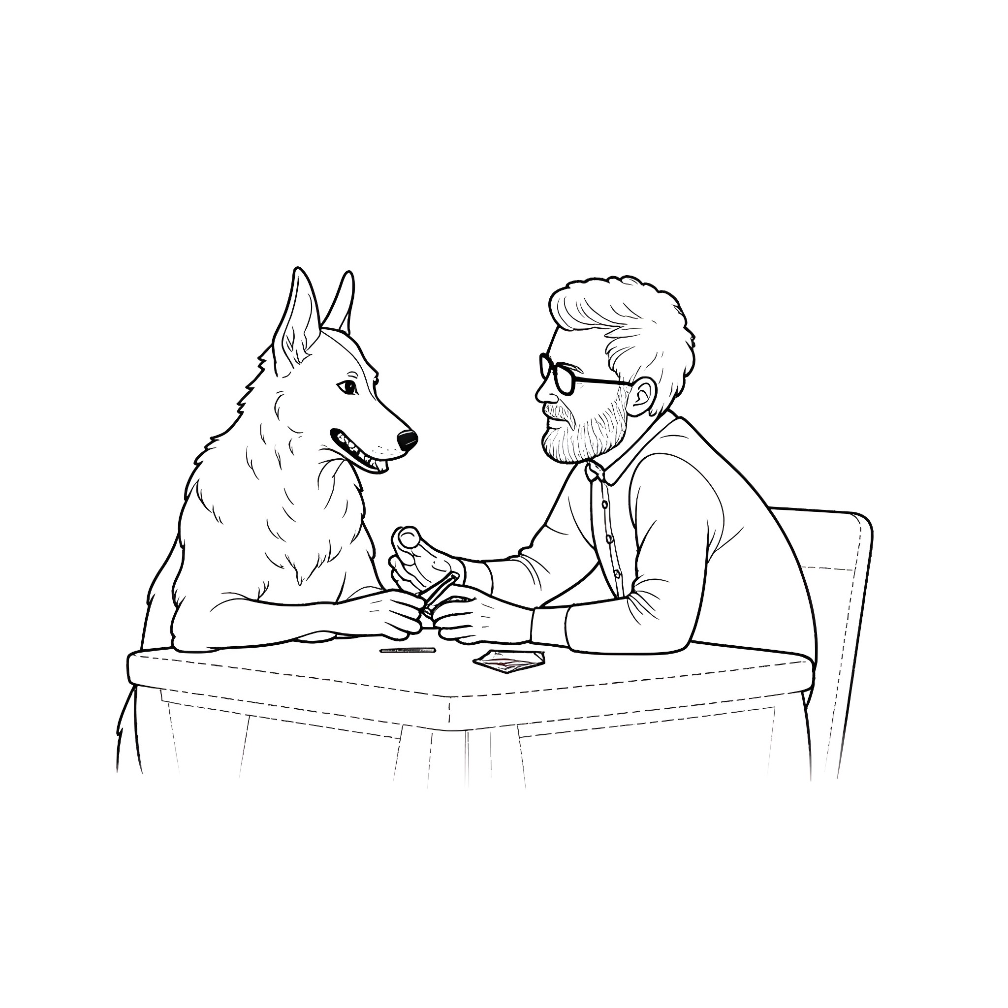 Guy interacting with an attentive dog at the desk Coloring Page (free black-and-white line drawing printable PDF for all, from beginners to advanced learners, including children, teens, adults, and seniors)