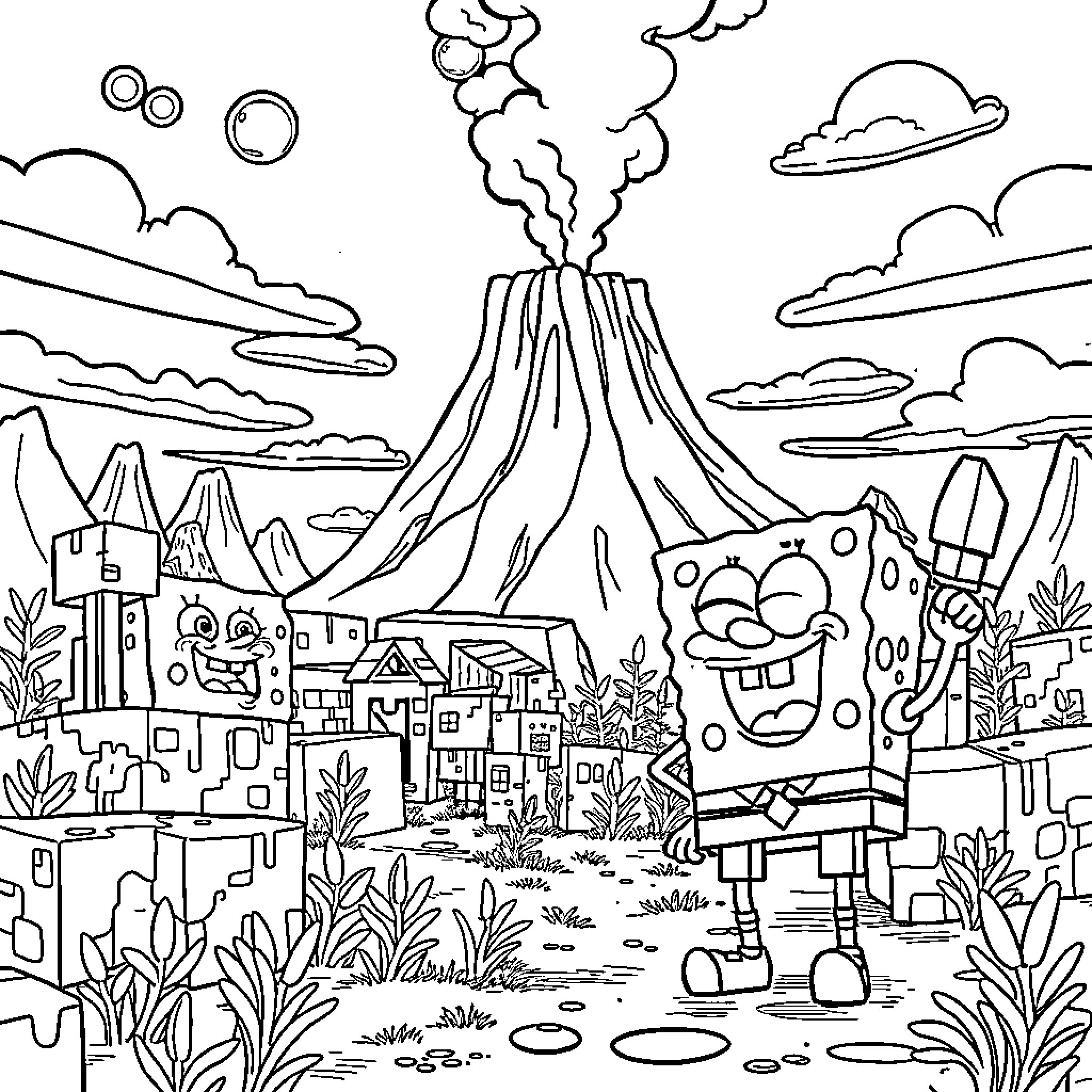 Spongebob explores a volcanic landscape Coloring Page (free black-and-white line drawing printable PDF for all, from beginners to advanced learners, including children, teens, adults, and seniors)