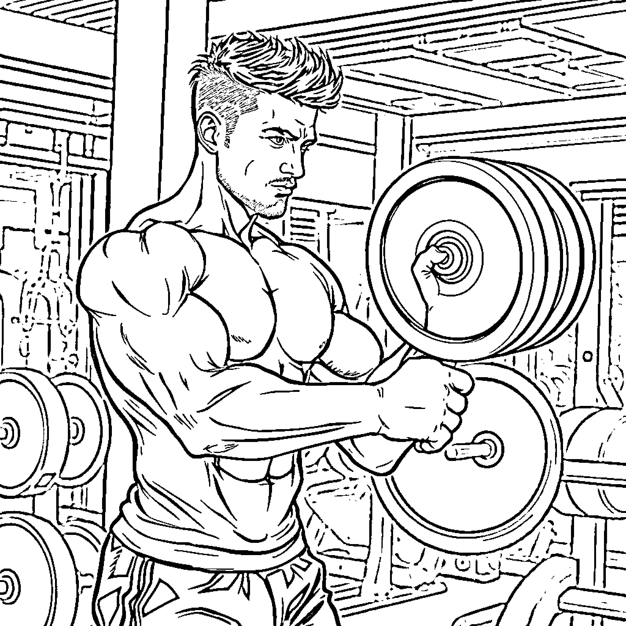 Weightlifting - Muscular man lifting heavy weights in gym Coloring Page (free black-and-white line drawing printable PDF for all, from beginners to advanced learners, including children, teens, adults, and seniors)