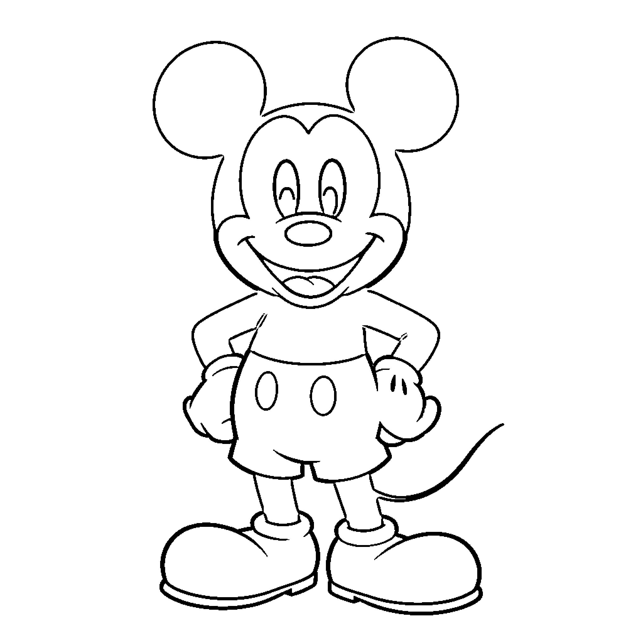 Mickey Mouse in classic pose Coloring Page (free black-and-white line drawing printable PDF for all, from beginners to advanced learners, including children, teens, adults, and seniors)