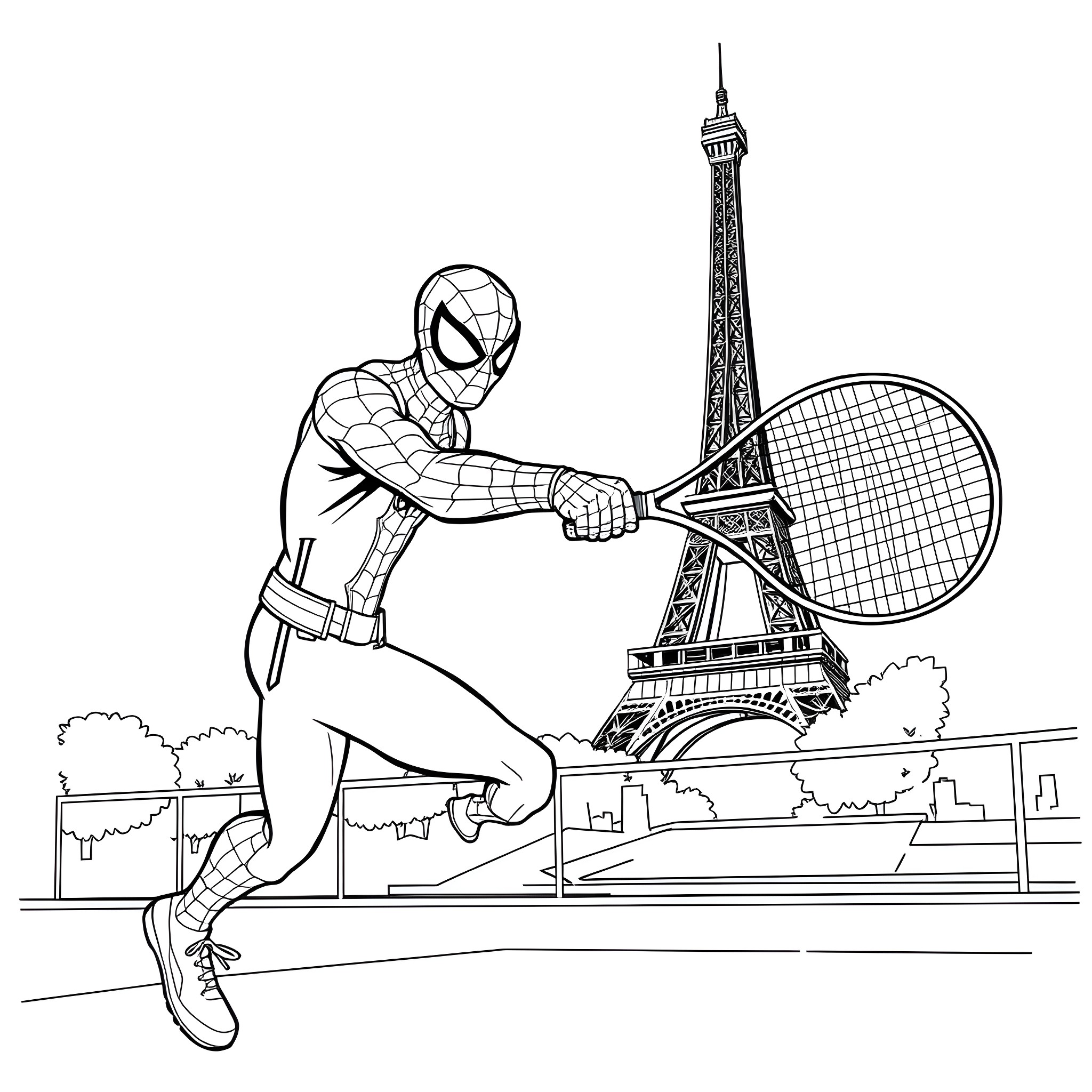 Spiderman swinging with tennis racket in Paris Coloring Page (free black-and-white line drawing printable PDF for all, from beginners to advanced learners, including children, teens, adults, and seniors)