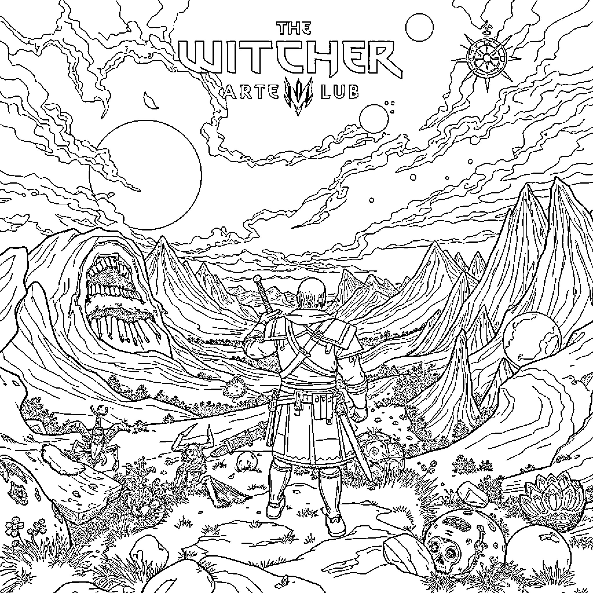 Witcher Fantasy Adventure Club Scene Coloring Page (free black-and-white line drawing printable PDF for all, from beginners to advanced learners, including children, teens, adults, and seniors)
