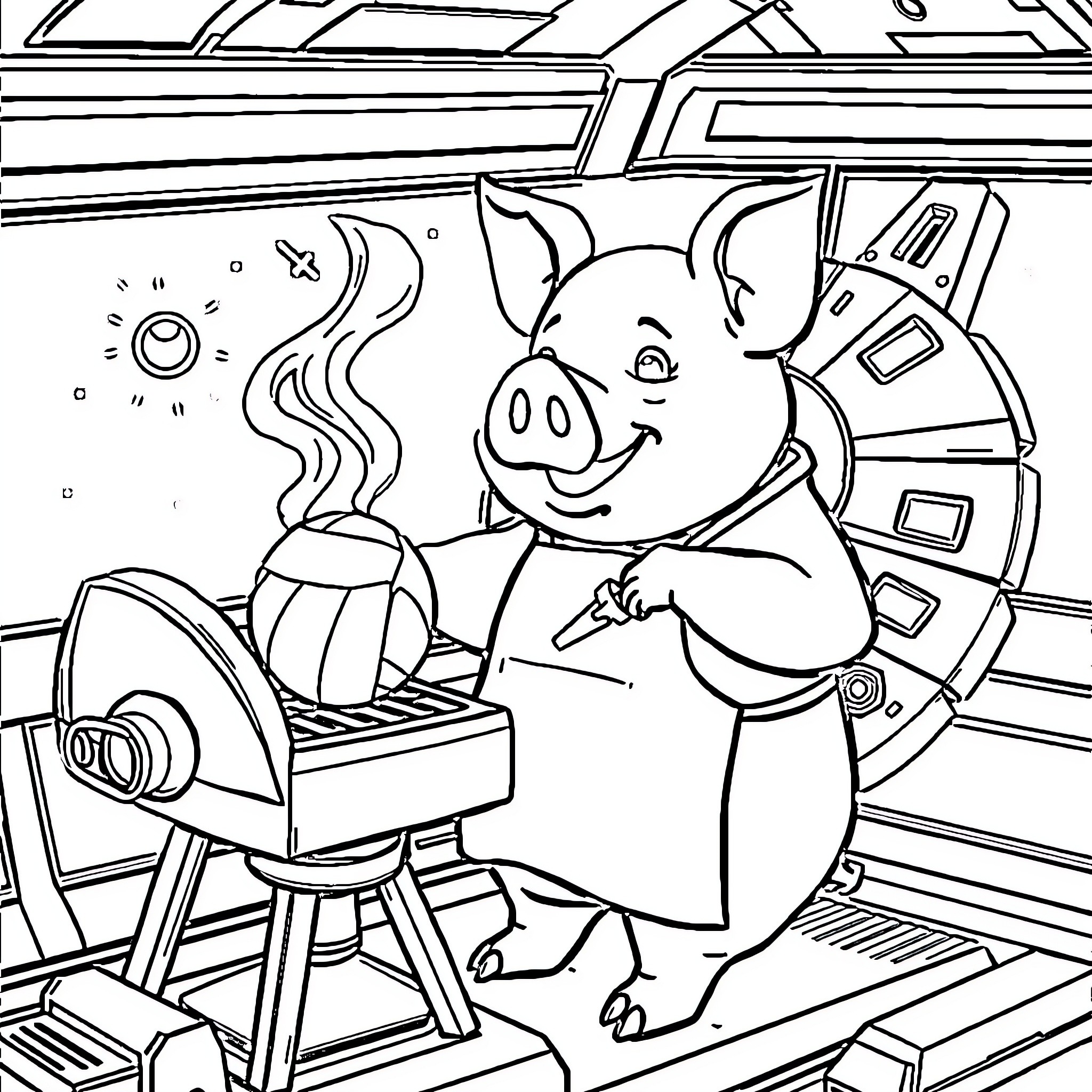 Pig grilling barbecue with kitchen appliances Coloring Page (free black-and-white line drawing printable PDF for all, from beginners to advanced learners, including children, teens, adults, and seniors)
