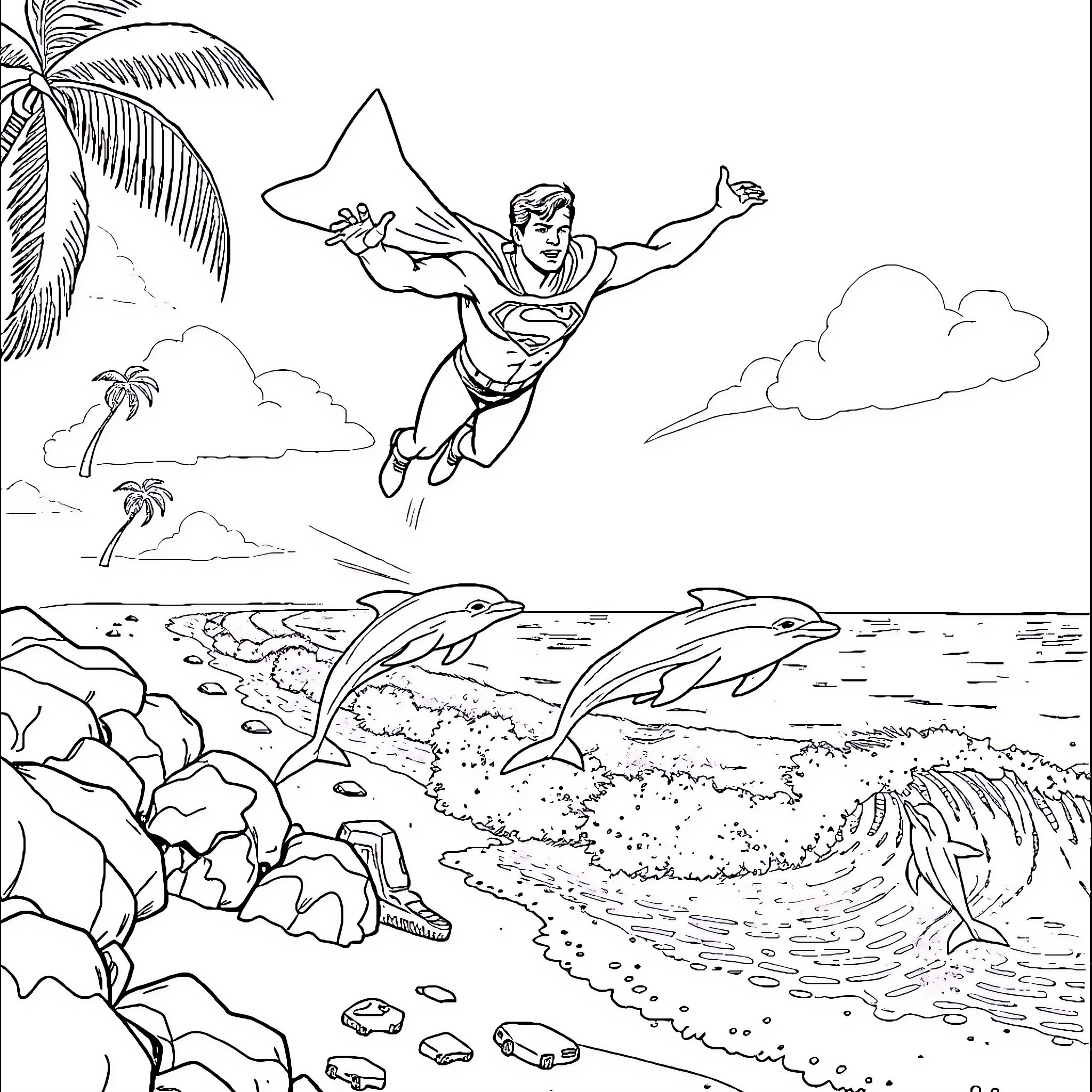 Superman flying over the tropical beach Coloring Page (free black-and-white line drawing printable PDF for all, from beginners to advanced learners, including children, teens, adults, and seniors)