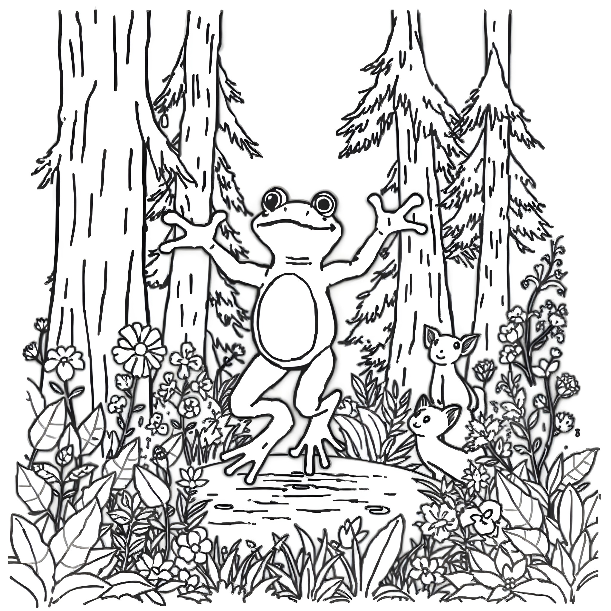 Frog relaxing in enchanted forest with woodland creatures Coloring Page (free black-and-white line drawing printable PDF for all, from beginners to advanced learners, including children, teens, adults, and seniors)