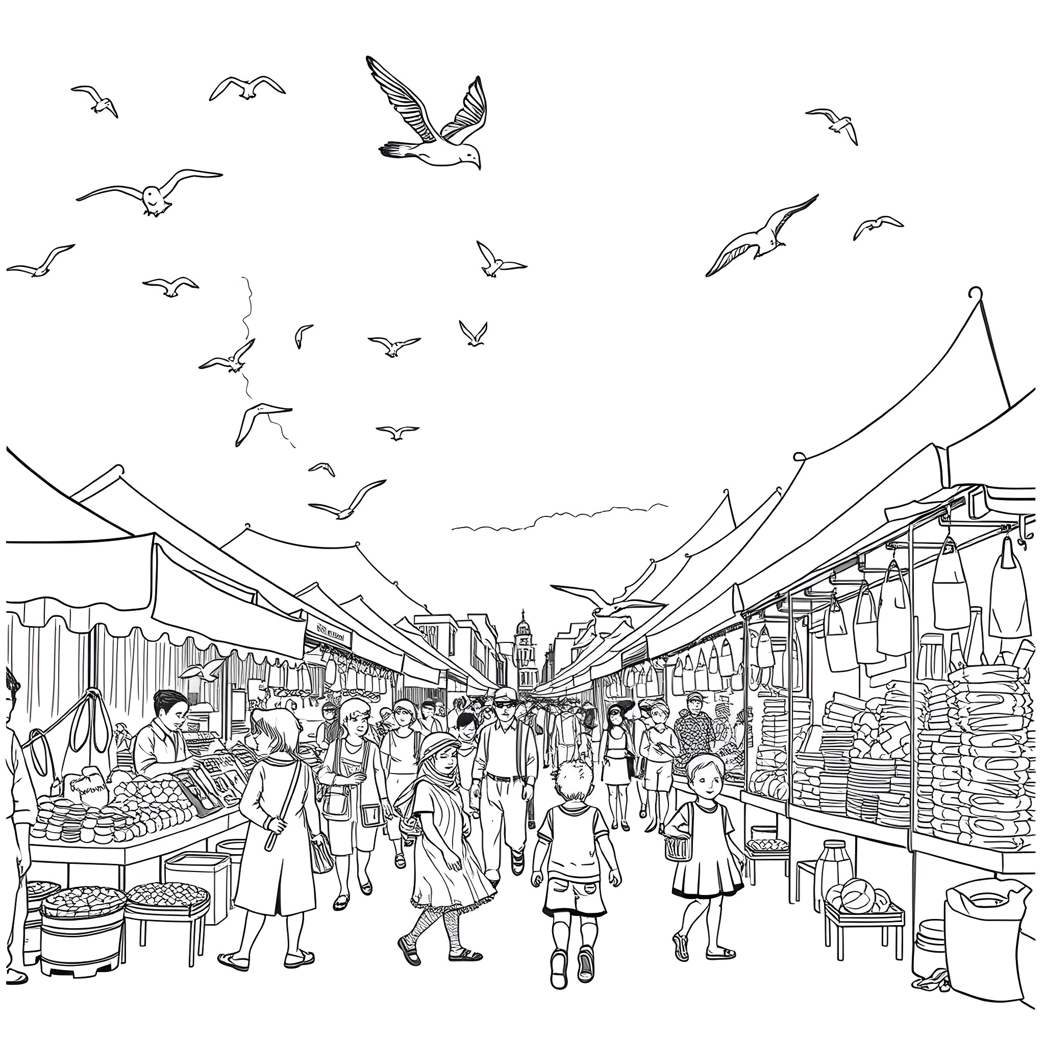 Background of a bustling outdoor marketplace with people and birds Coloring Page (free black-and-white line drawing printable PDF for all, from beginners to advanced learners, including children, teens, adults, and seniors)