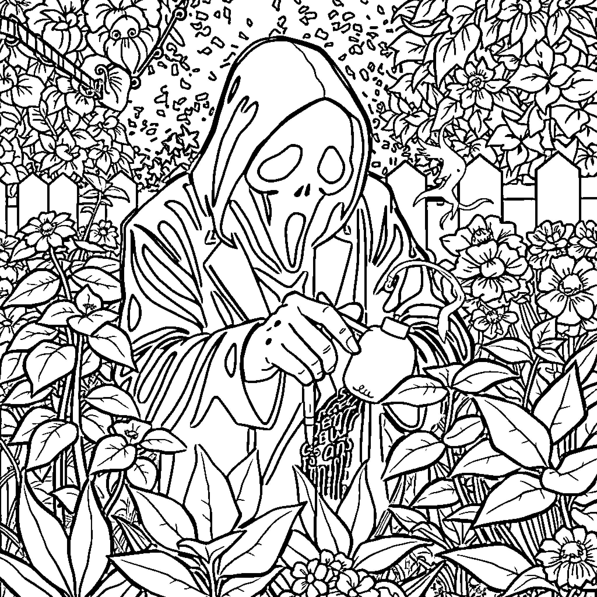 Ghostface amid a garden of flowers Coloring Page (free black-and-white line drawing printable PDF for all, from beginners to advanced learners, including children, teens, adults, and seniors)