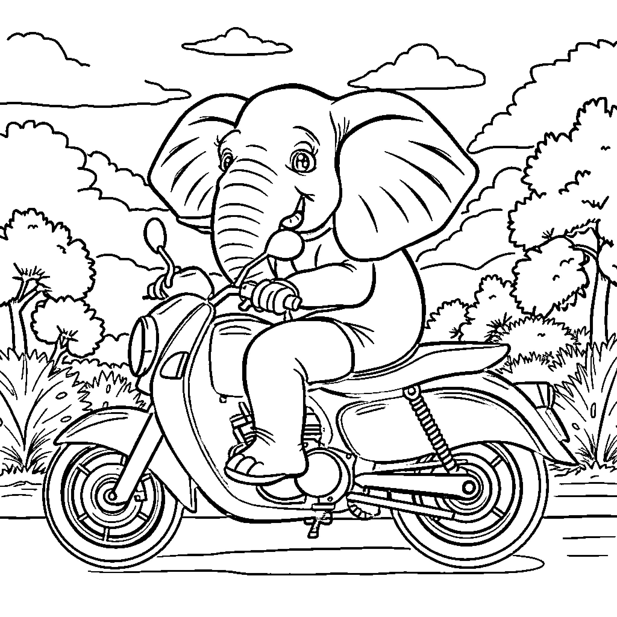 Elephant riding a motorcycle through the countryside Coloring Page (free black-and-white line drawing printable PDF for all, from beginners to advanced learners, including children, teens, adults, and seniors)