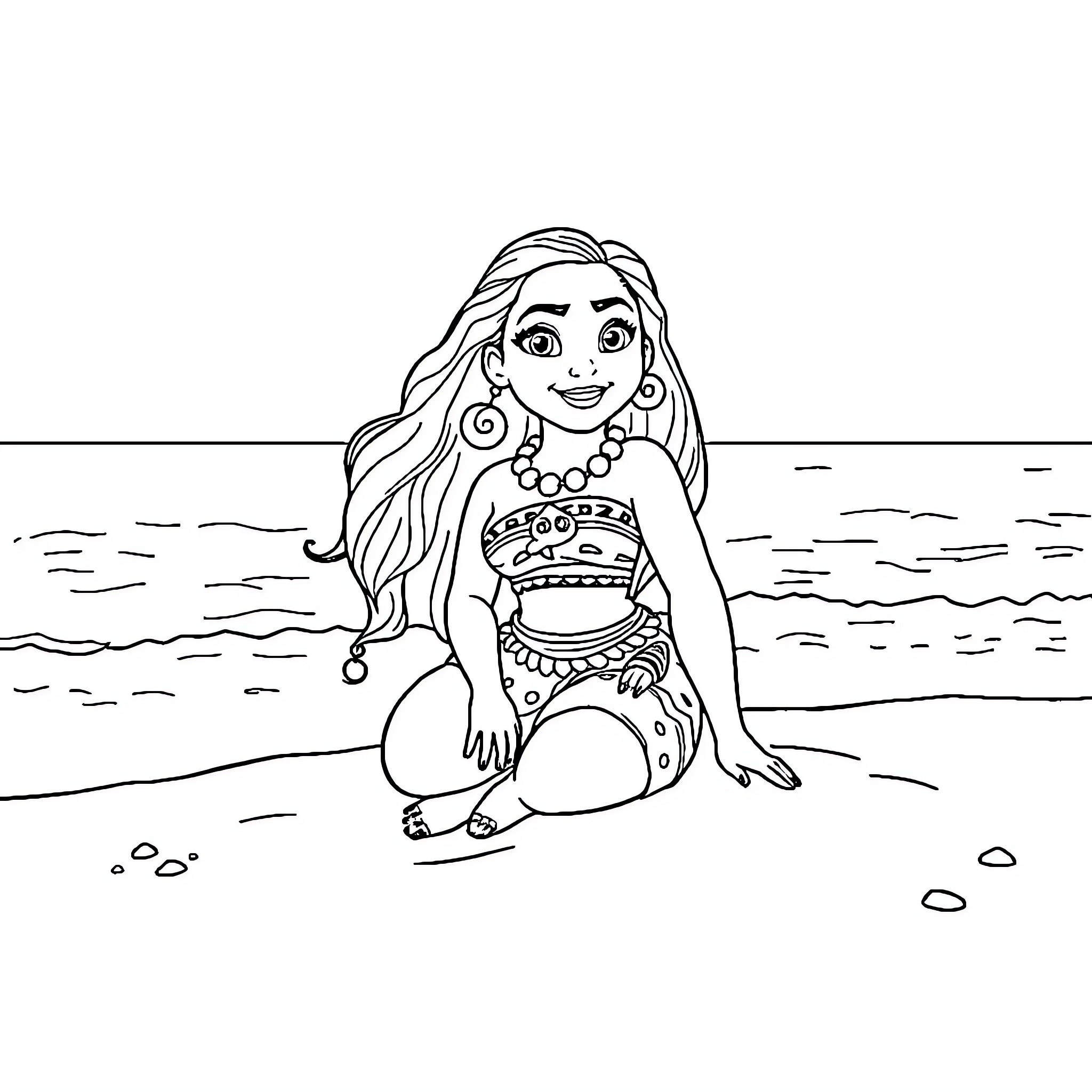 Moana sitting joyfully on the beach Coloring Page (free black-and-white line drawing printable PDF for all, from beginners to advanced learners, including children, teens, adults, and seniors)