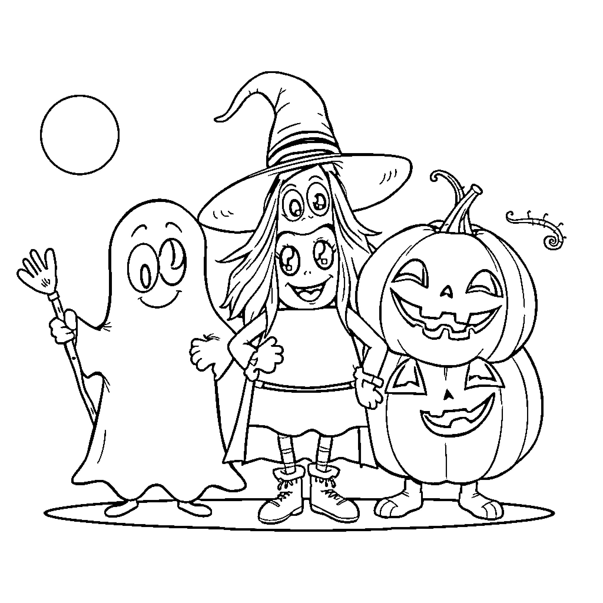 Halloween Character Trick-or-Treating with Ghost and Pumpkin Coloring Page (free black-and-white line drawing printable PDF for all, from beginners to advanced learners, including children, teens, adults, and seniors)