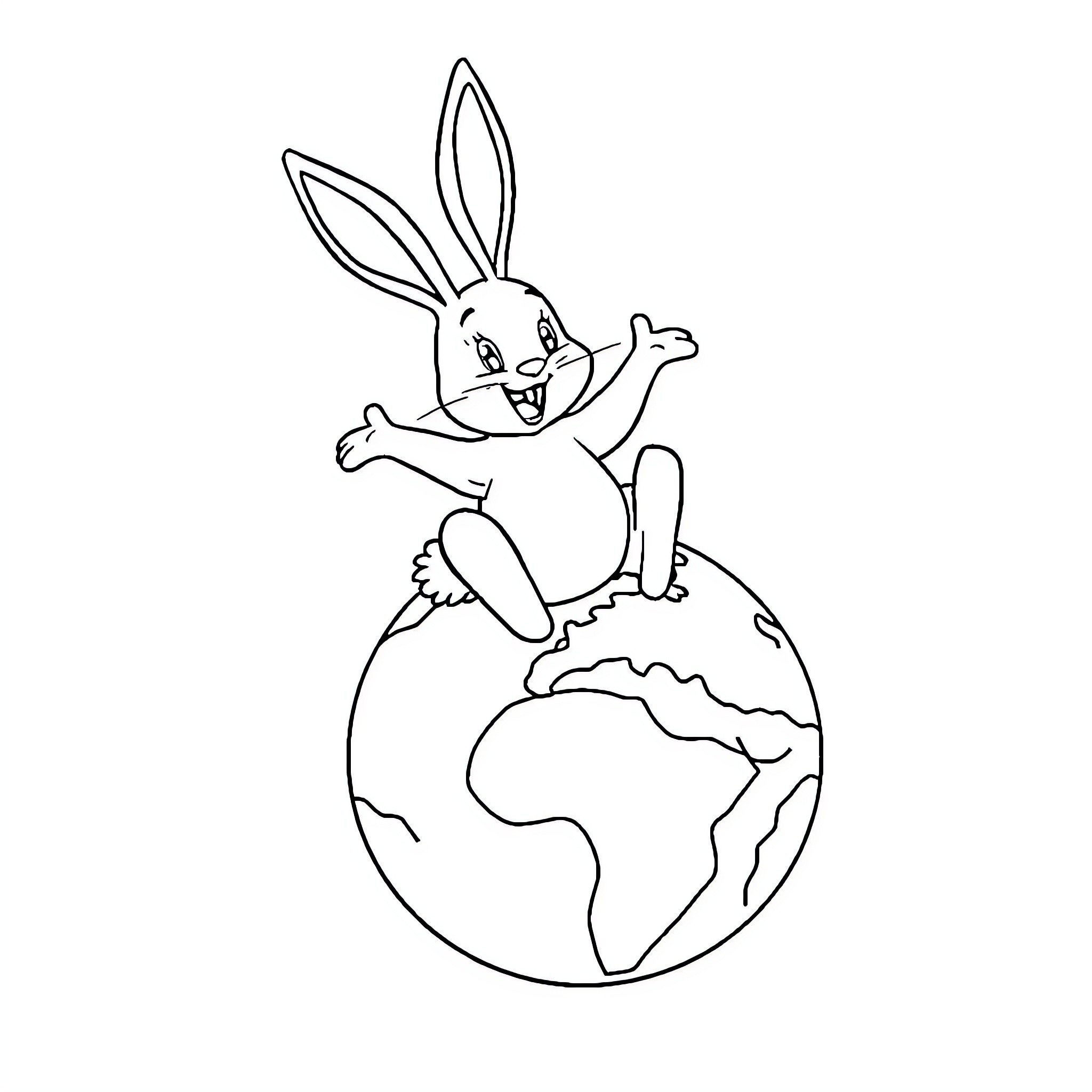 Bunny joyfully celebrating on the Earth Coloring Page (free black-and-white line drawing printable PDF for all, from beginners to advanced learners, including children, teens, adults, and seniors)