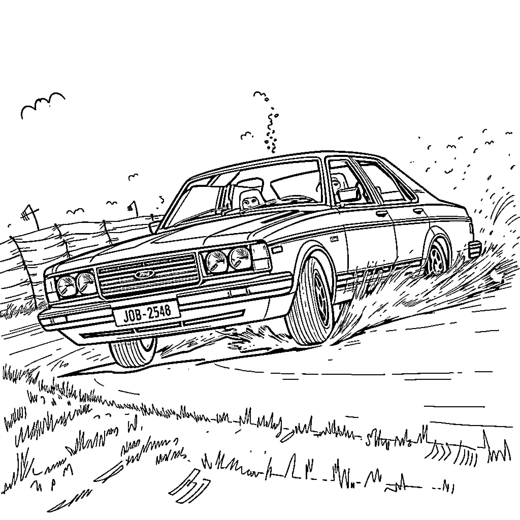 Ford Granada racing through a field Coloring Page (free black-and-white line drawing printable PDF for all, from beginners to advanced learners, including children, teens, adults, and seniors)