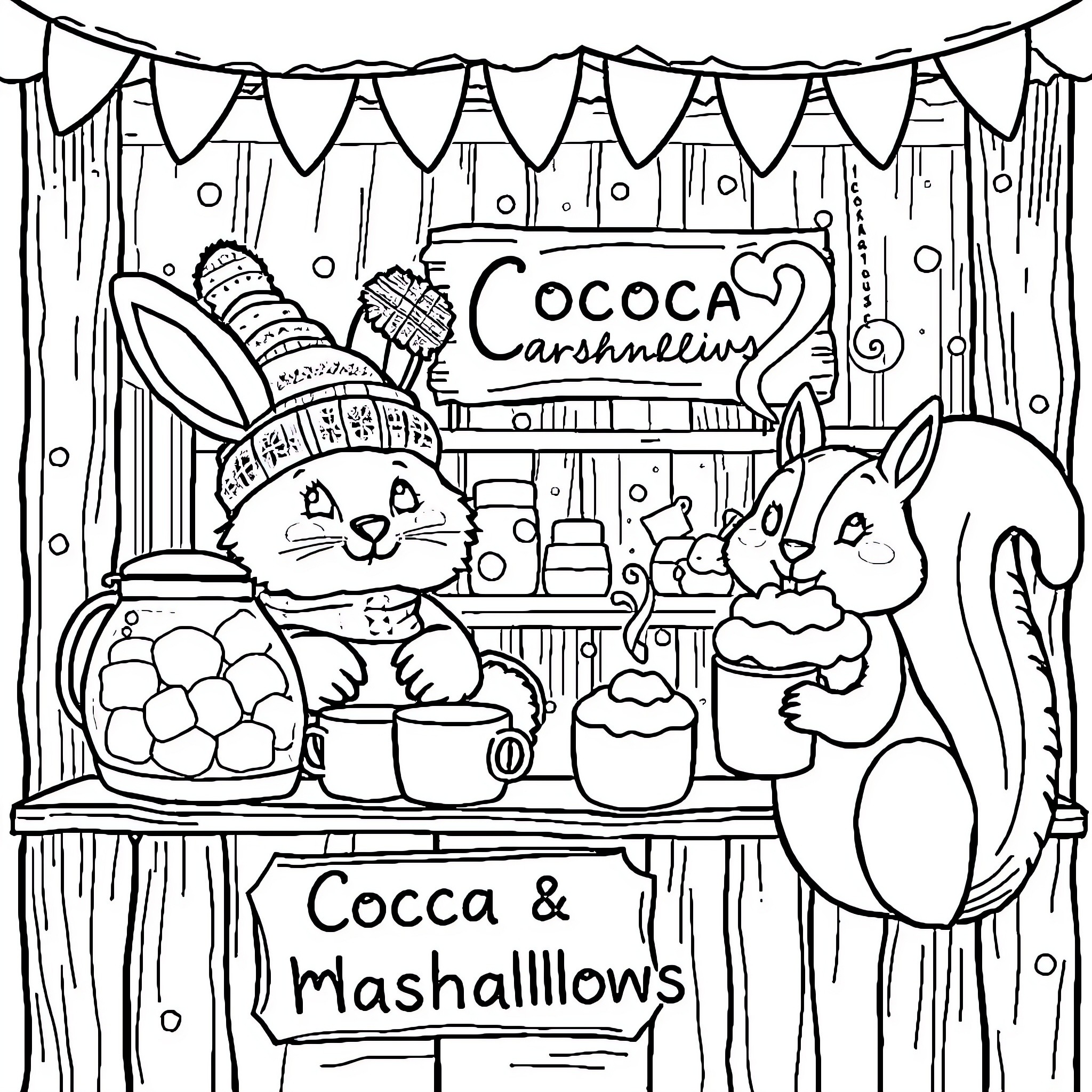 Bunnies operating a cozy cocoa and marshmallow stand Coloring Page (free black-and-white line drawing printable PDF for all, from beginners to advanced learners, including children, teens, adults, and seniors)