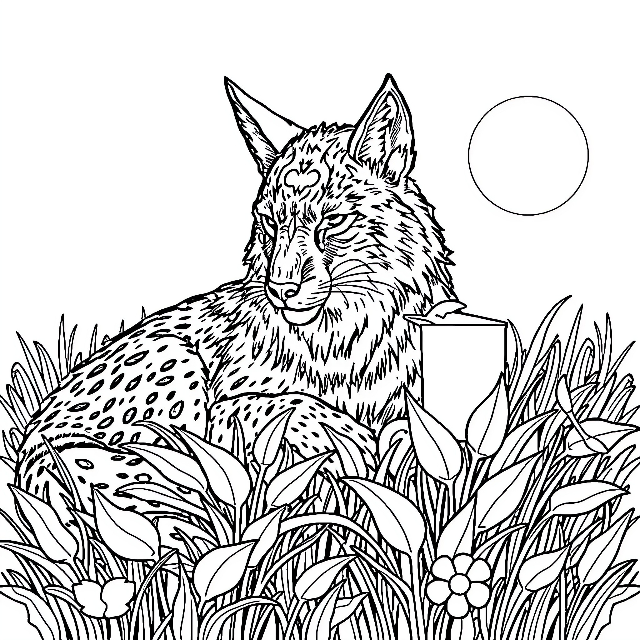 Wolf resting in a field of flowers Coloring Page (free black-and-white line drawing printable PDF for all, from beginners to advanced learners, including children, teens, adults, and seniors)
