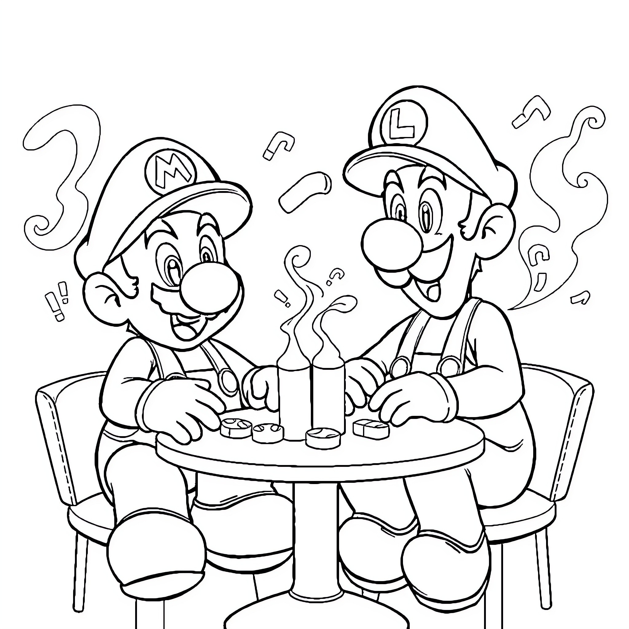 Mario and Luigi Sharing a Meal Coloring Page (free black-and-white line drawing printable PDF for all, from beginners to advanced learners, including children, teens, adults, and seniors)