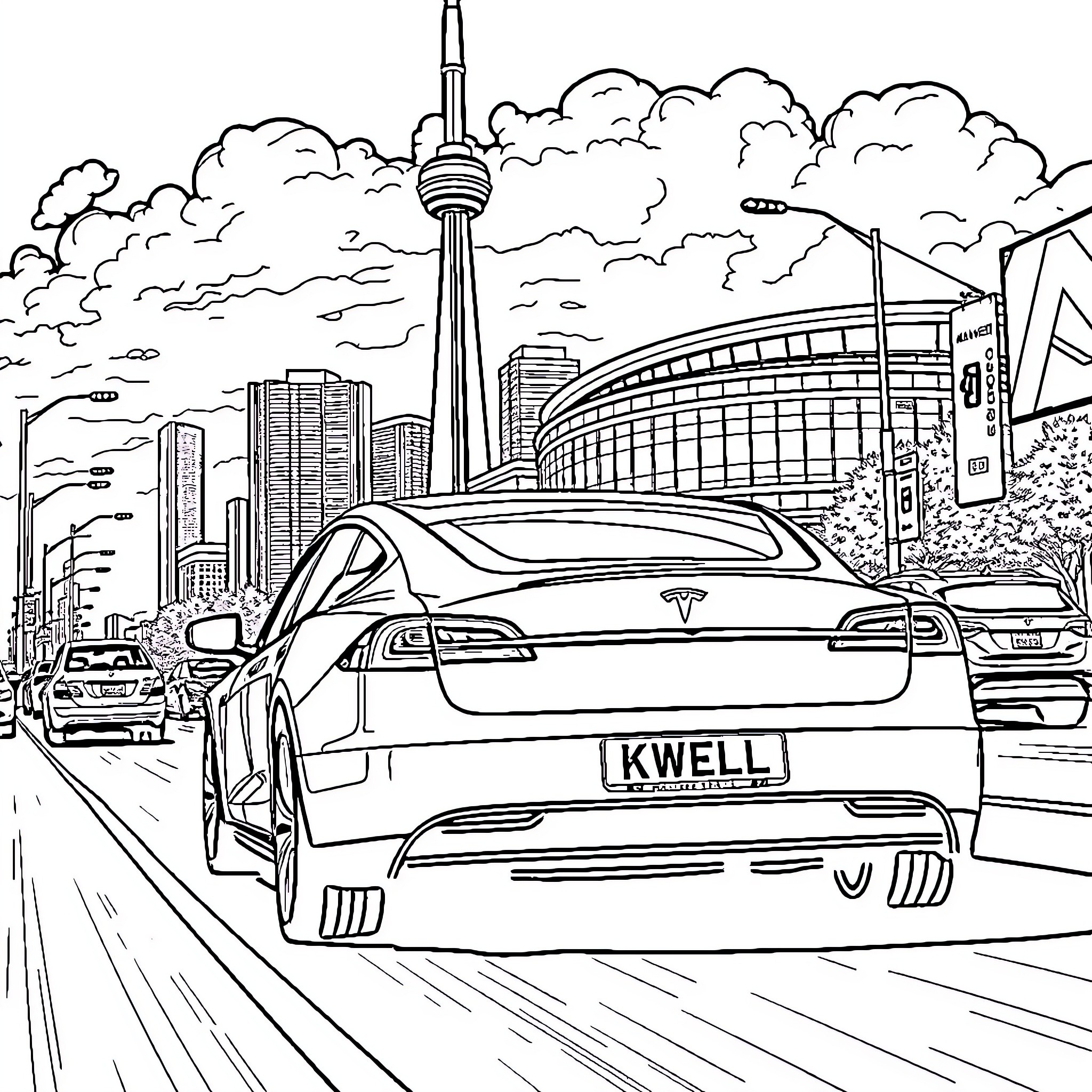 Tesla electric car on the road in the city Coloring Page (free black-and-white line drawing printable PDF for all, from beginners to advanced learners, including children, teens, adults, and seniors)