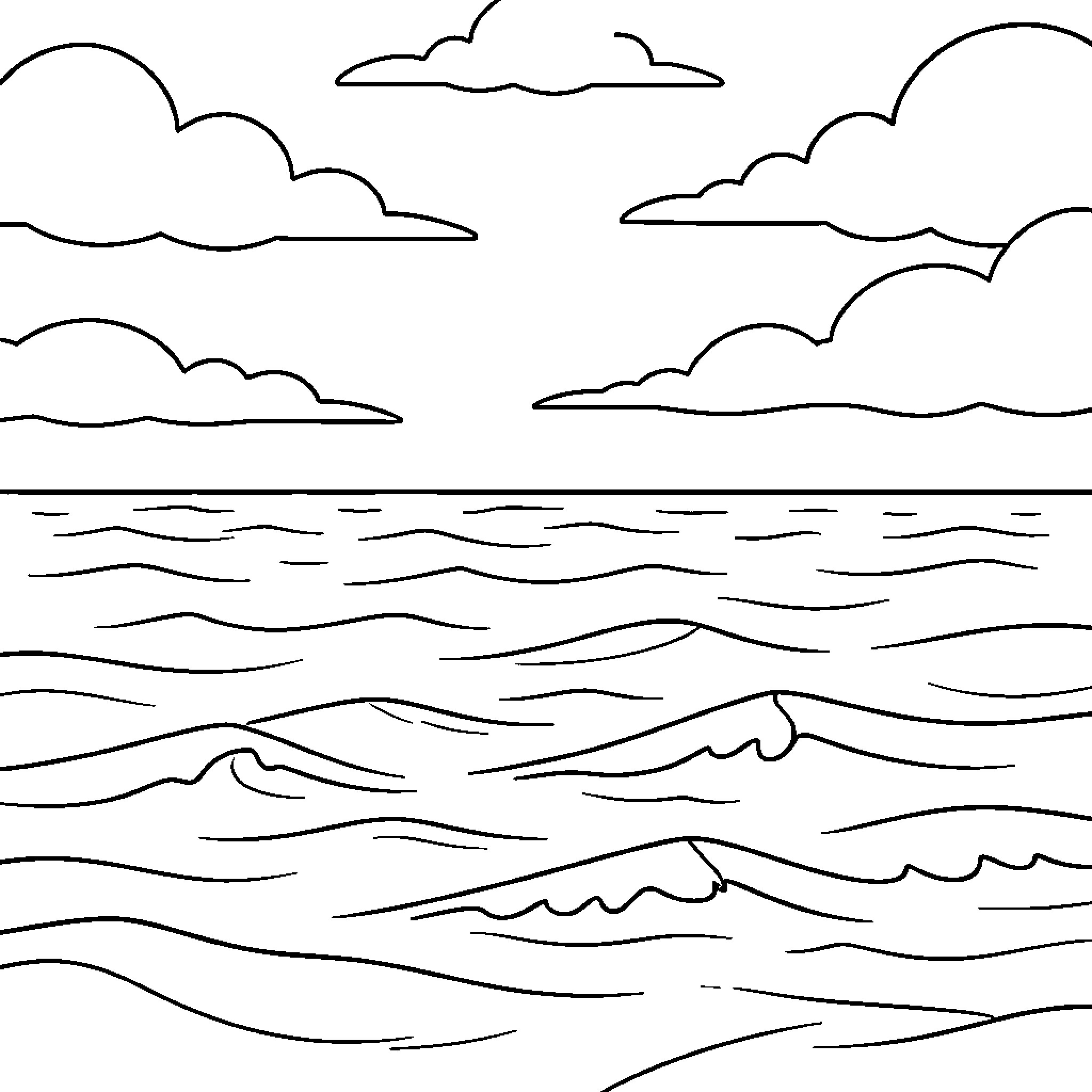 Trade Winds blowing over the open ocean Coloring Page (free black-and-white line drawing printable PDF for all, from beginners to advanced learners, including children, teens, adults, and seniors)