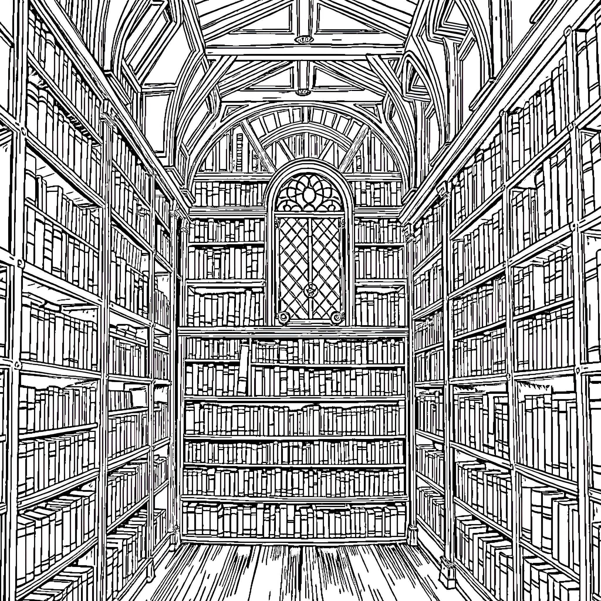 Book of Mysterious Library Shelves Coloring Page (free black-and-white line drawing printable PDF for all, from beginners to advanced learners, including children, teens, adults, and seniors)