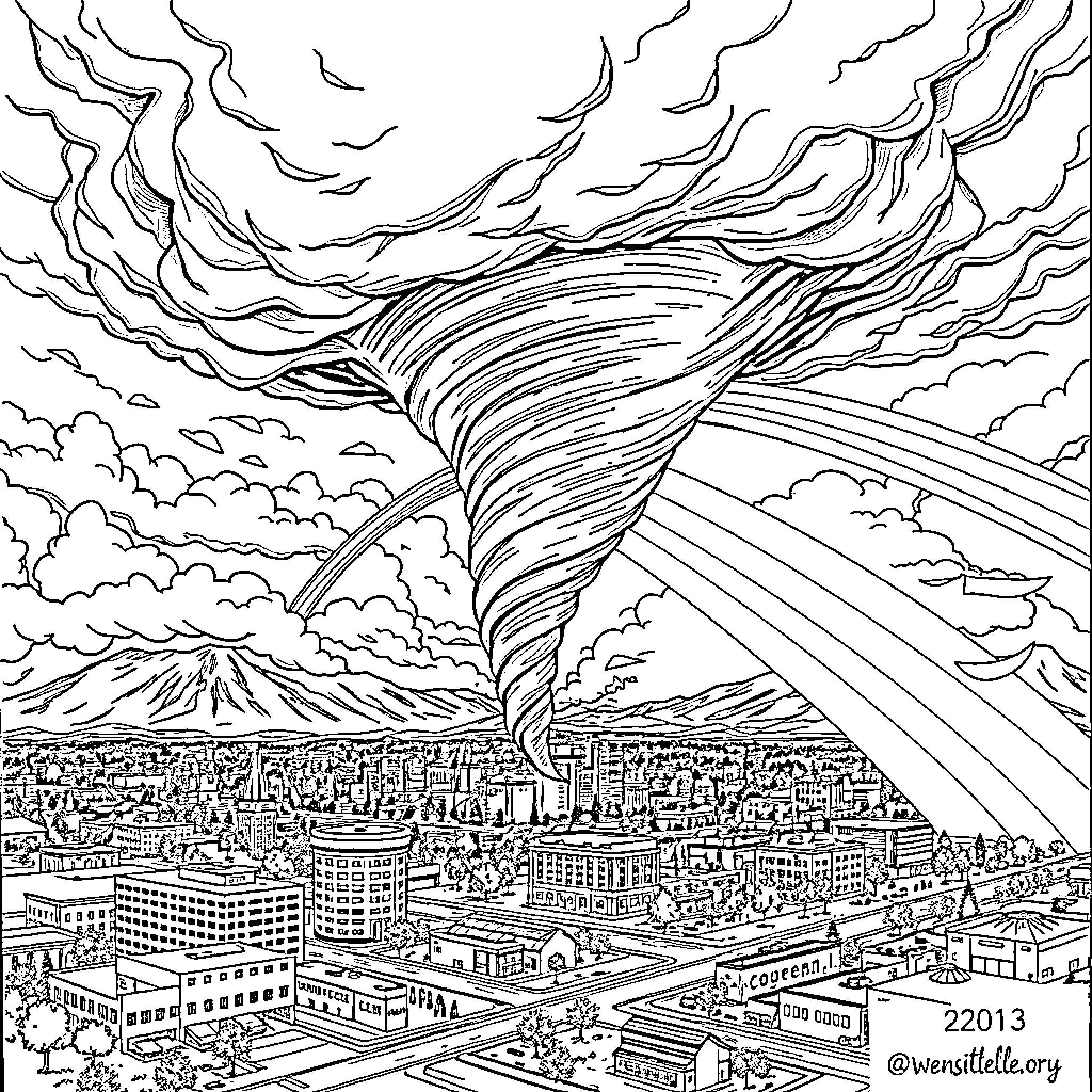 Tornado swirling over a bustling city Coloring Page (free black-and-white line drawing printable PDF for all, from beginners to advanced learners, including children, teens, adults, and seniors)