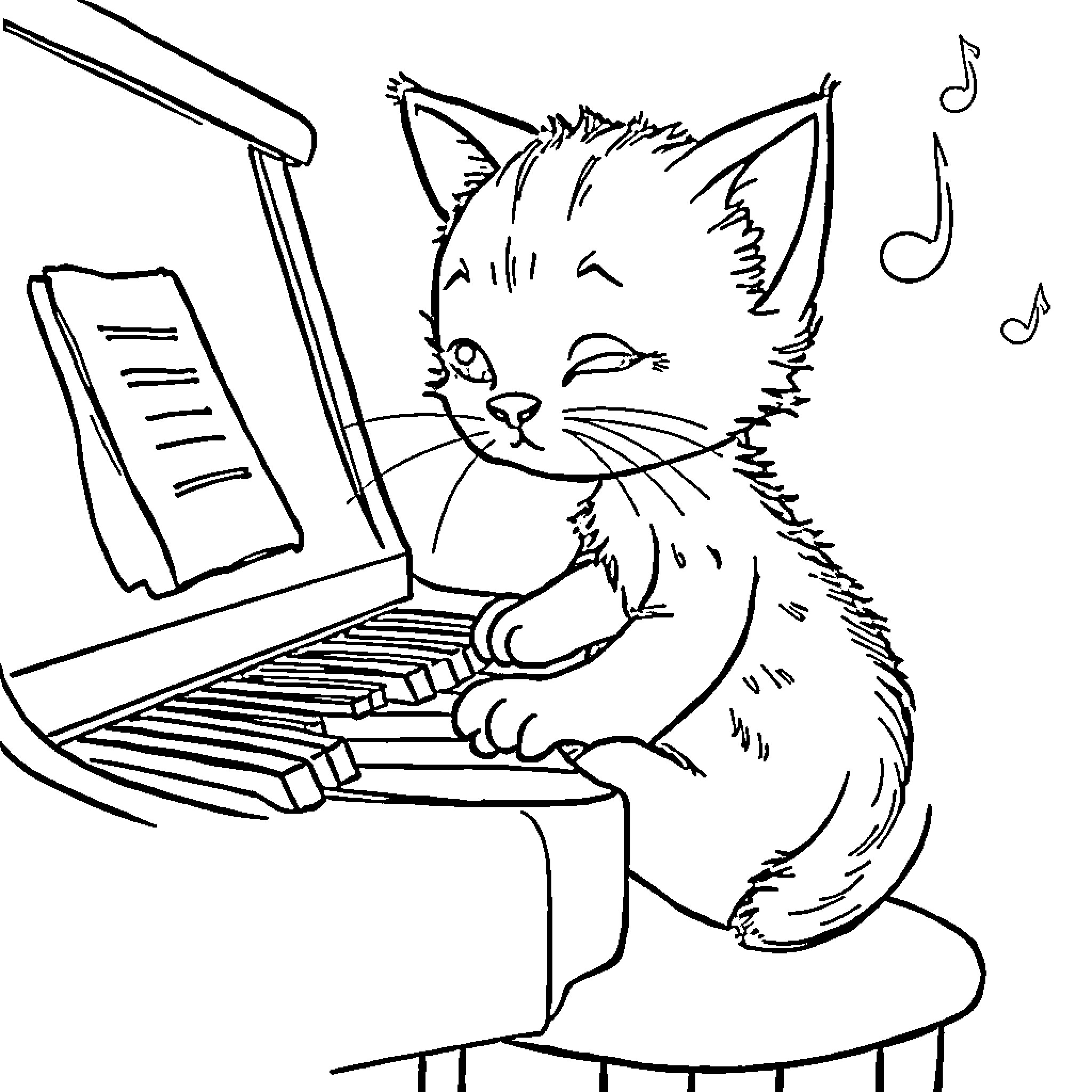 Cat playing piano with musical notes Coloring Page (free black-and-white line drawing printable PDF for all, from beginners to advanced learners, including children, teens, adults, and seniors)