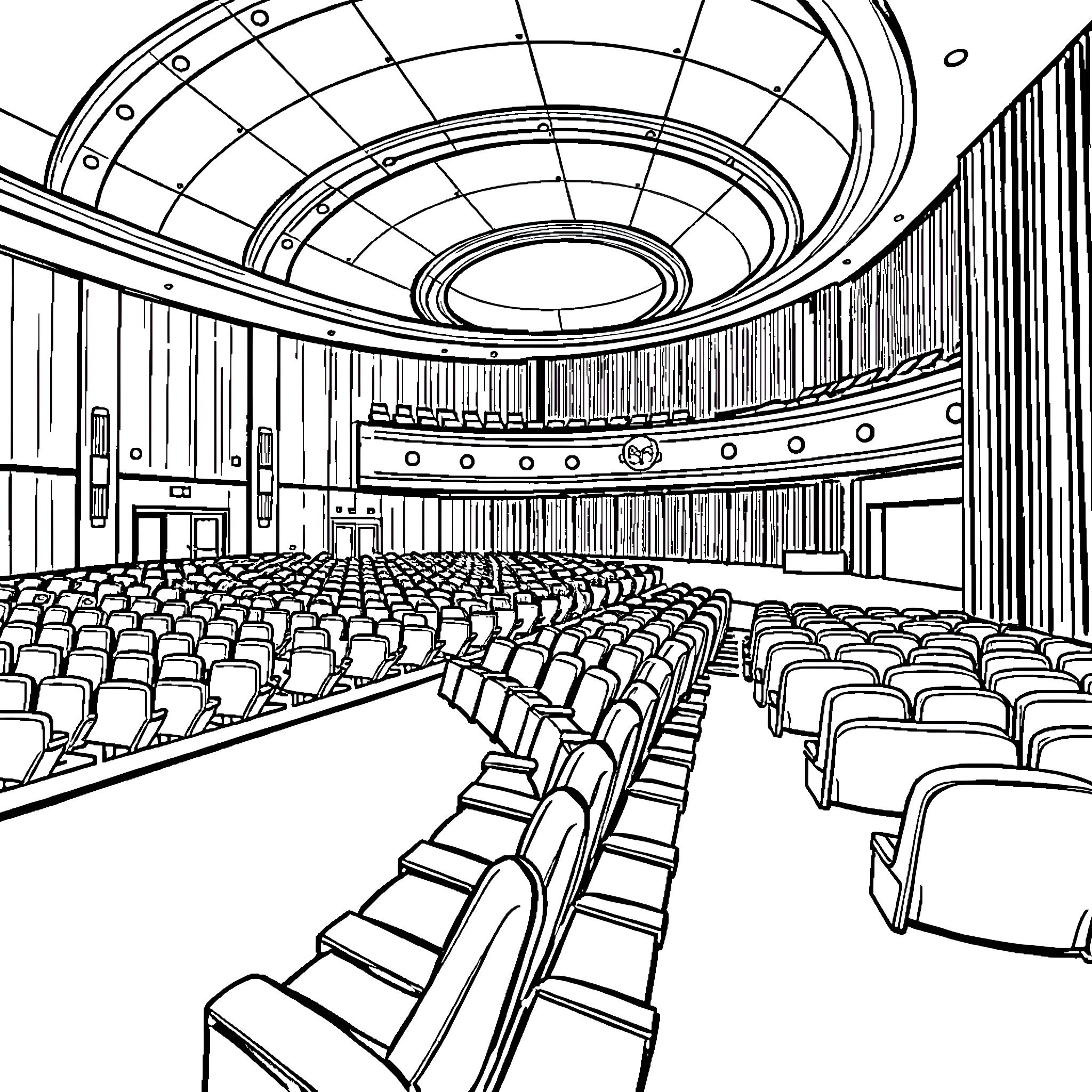 Fitzgerald's Grand Theater Interior Coloring Page (free black-and-white line drawing printable PDF for all, from beginners to advanced learners, including children, teens, adults, and seniors)