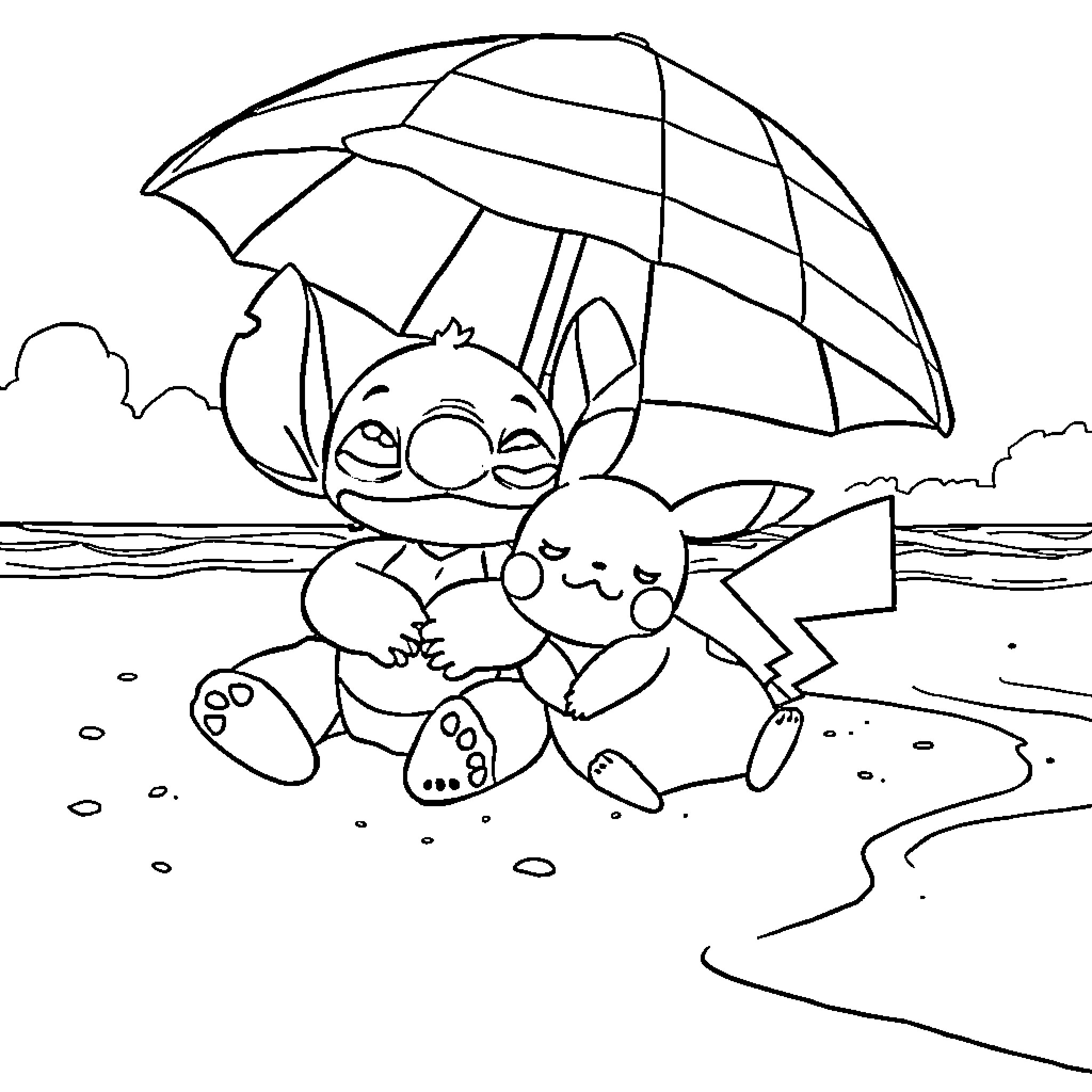 Stitch playing with Pikachu on the beach Coloring Page (free black-and-white line drawing printable PDF for all, from beginners to advanced learners, including children, teens, adults, and seniors)