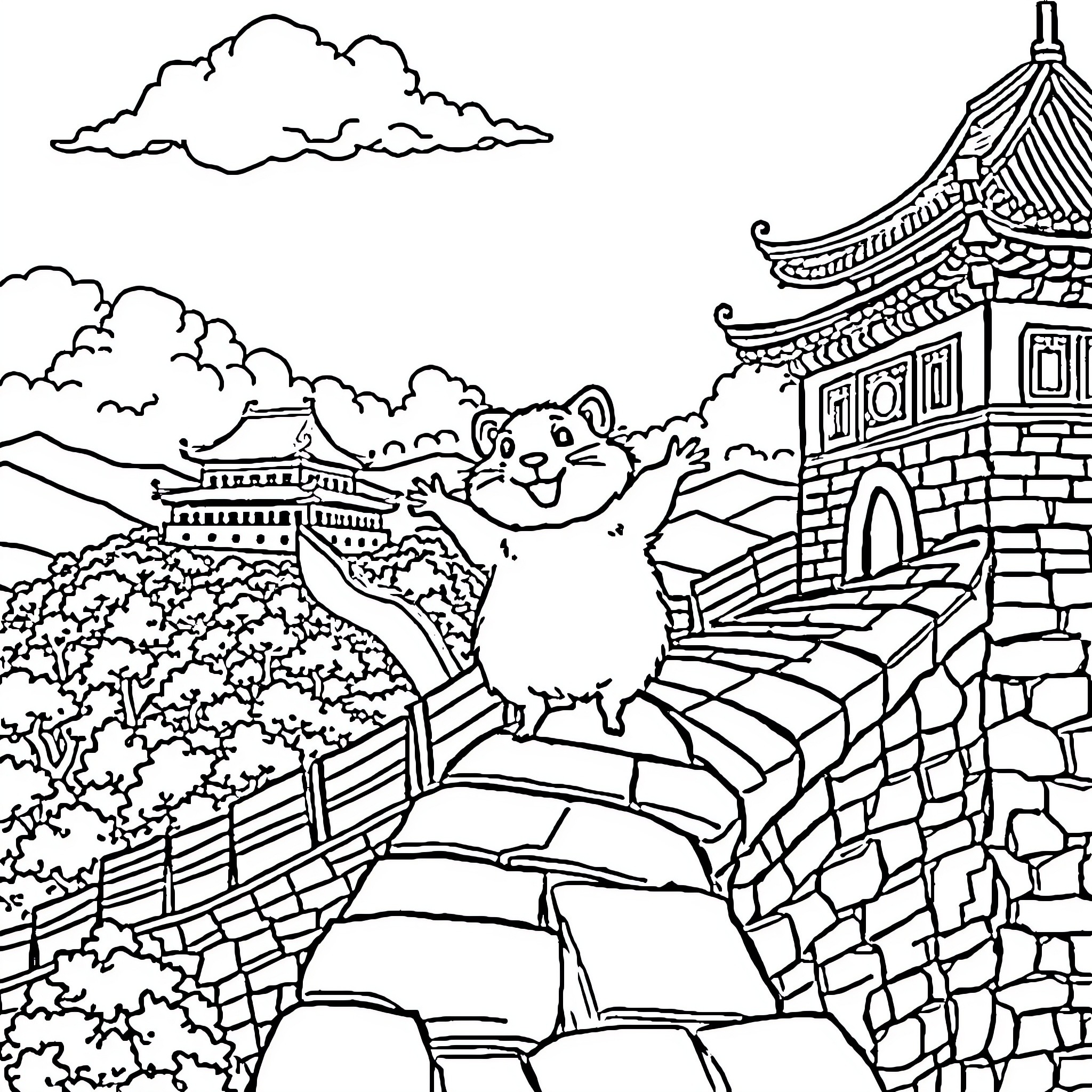 Hamster exploring a traditional Chinese landscape Coloring Page (free black-and-white line drawing printable PDF for all, from beginners to advanced learners, including children, teens, adults, and seniors)