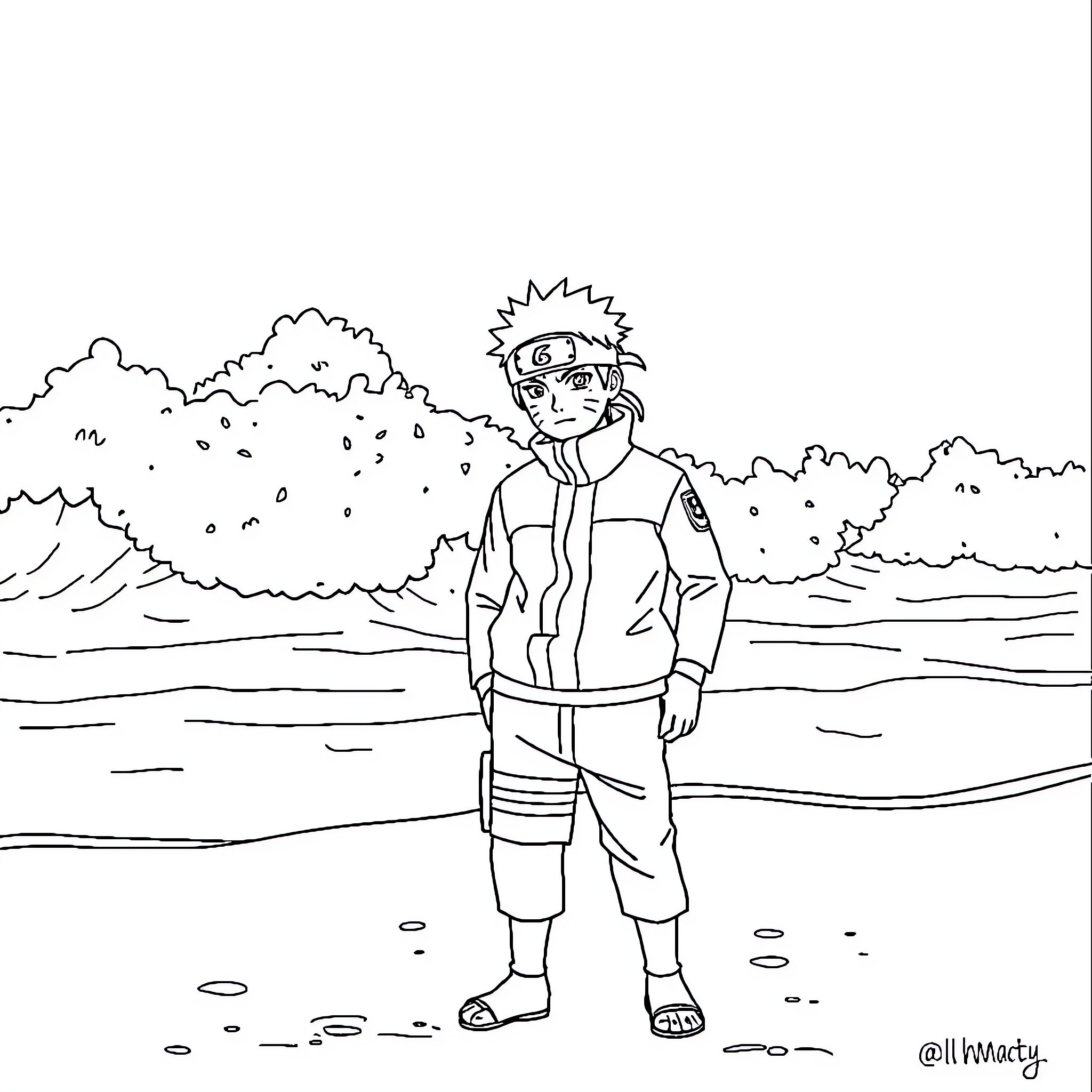 Naruto character in action pose outdoors Coloring Page (free black-and-white line drawing printable PDF for all, from beginners to advanced learners, including children, teens, adults, and seniors)