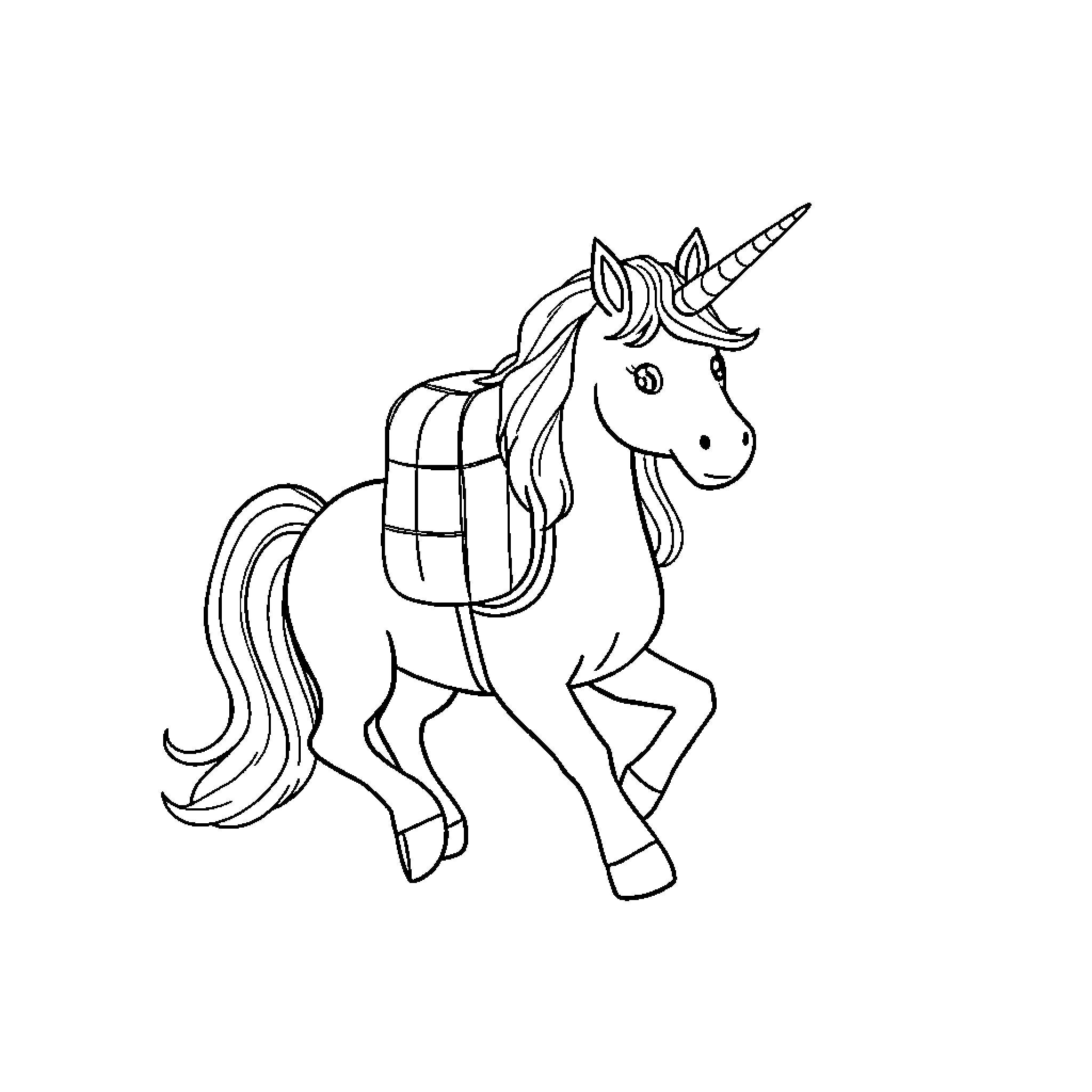 Unicorn with saddle trotting happily Coloring Page (free black-and-white line drawing printable PDF for all, from beginners to advanced learners, including children, teens, adults, and seniors)
