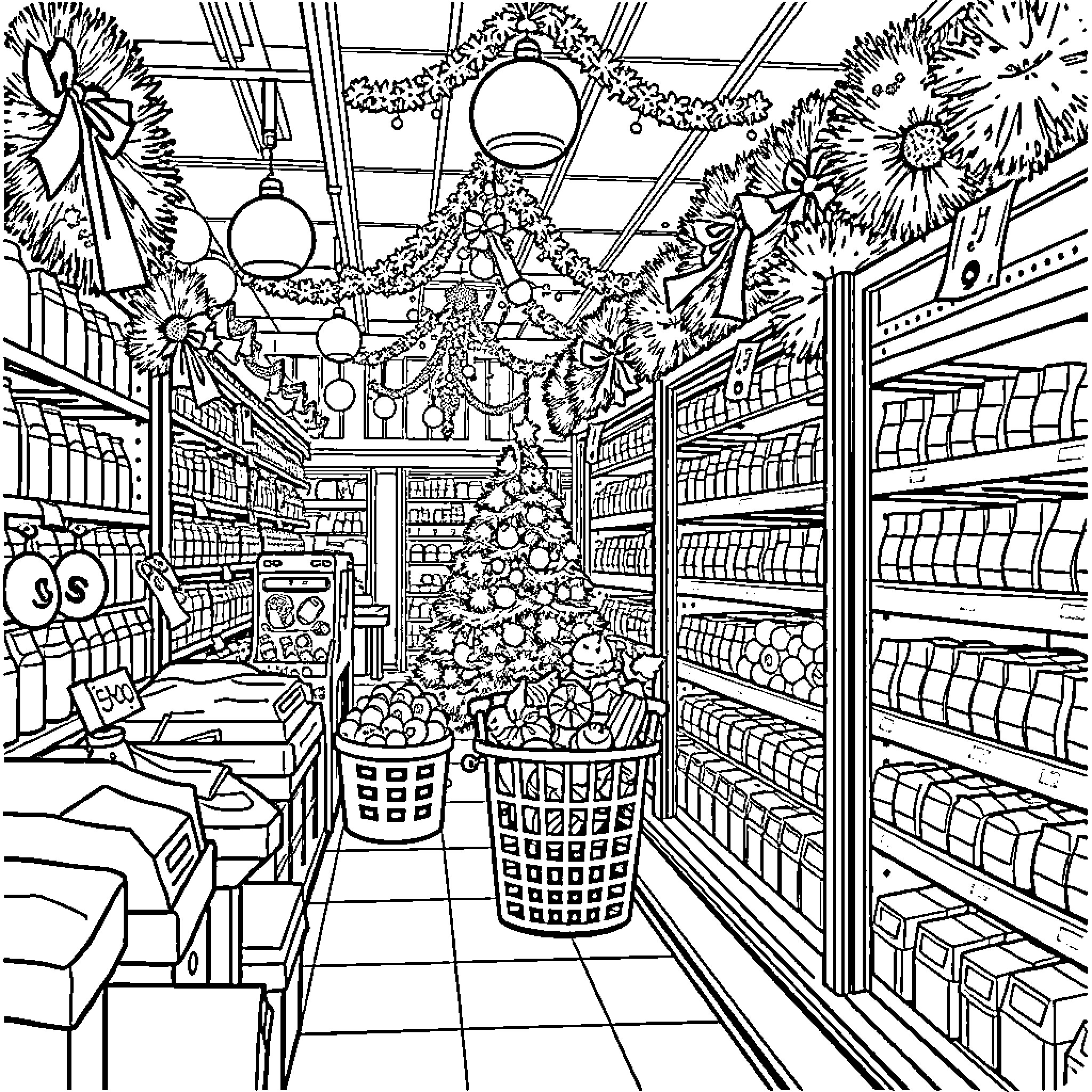 Grocery Store Decked Out for the Holidays Coloring Page (free black-and-white line drawing printable PDF for all, from beginners to advanced learners, including children, teens, adults, and seniors)