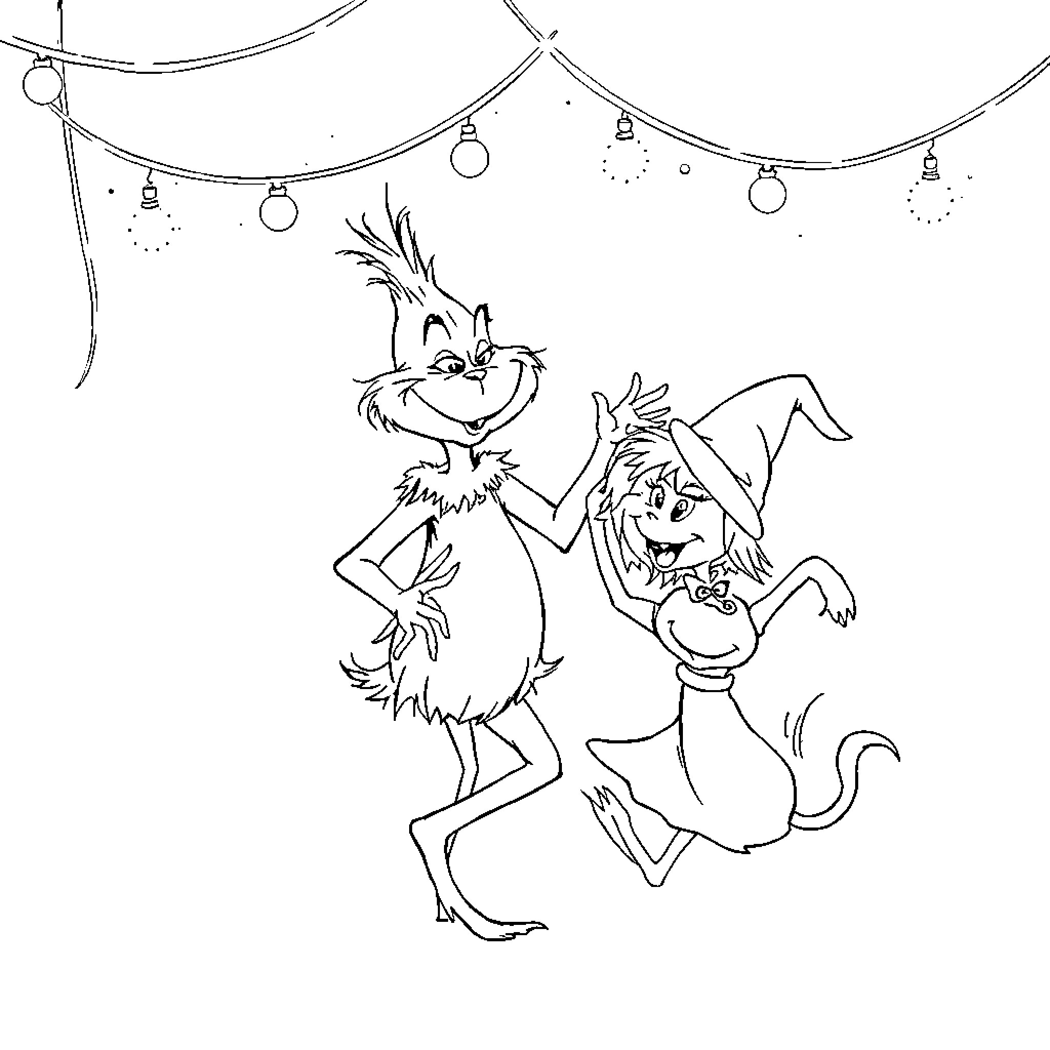 Grinch dancing joyfully with his pet Coloring Page (free black-and-white line drawing printable PDF for all, from beginners to advanced learners, including children, teens, adults, and seniors)