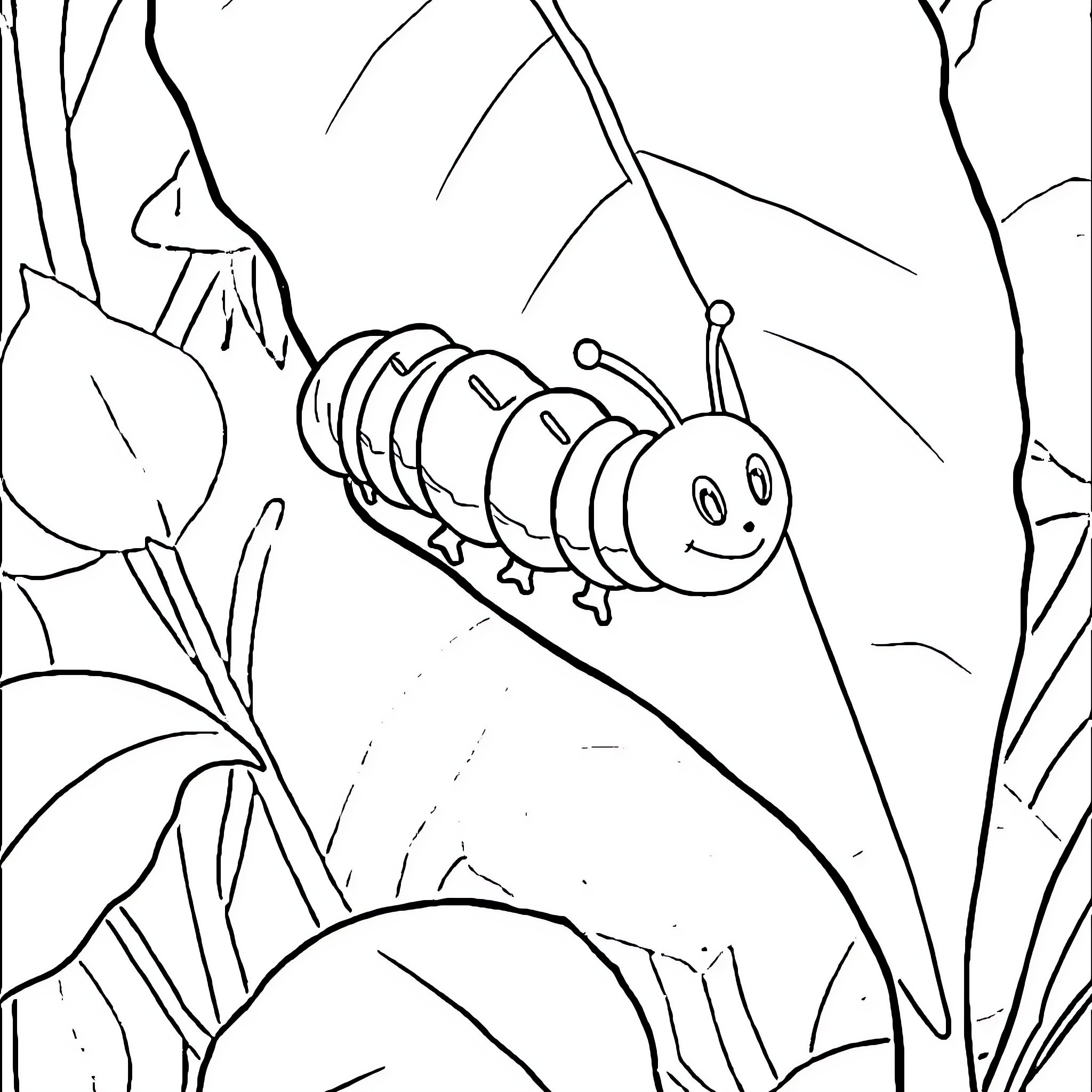 Caterpillar crawling happily through the undergrowth Coloring Page (free black-and-white line drawing printable PDF for all, from beginners to advanced learners, including children, teens, adults, and seniors)