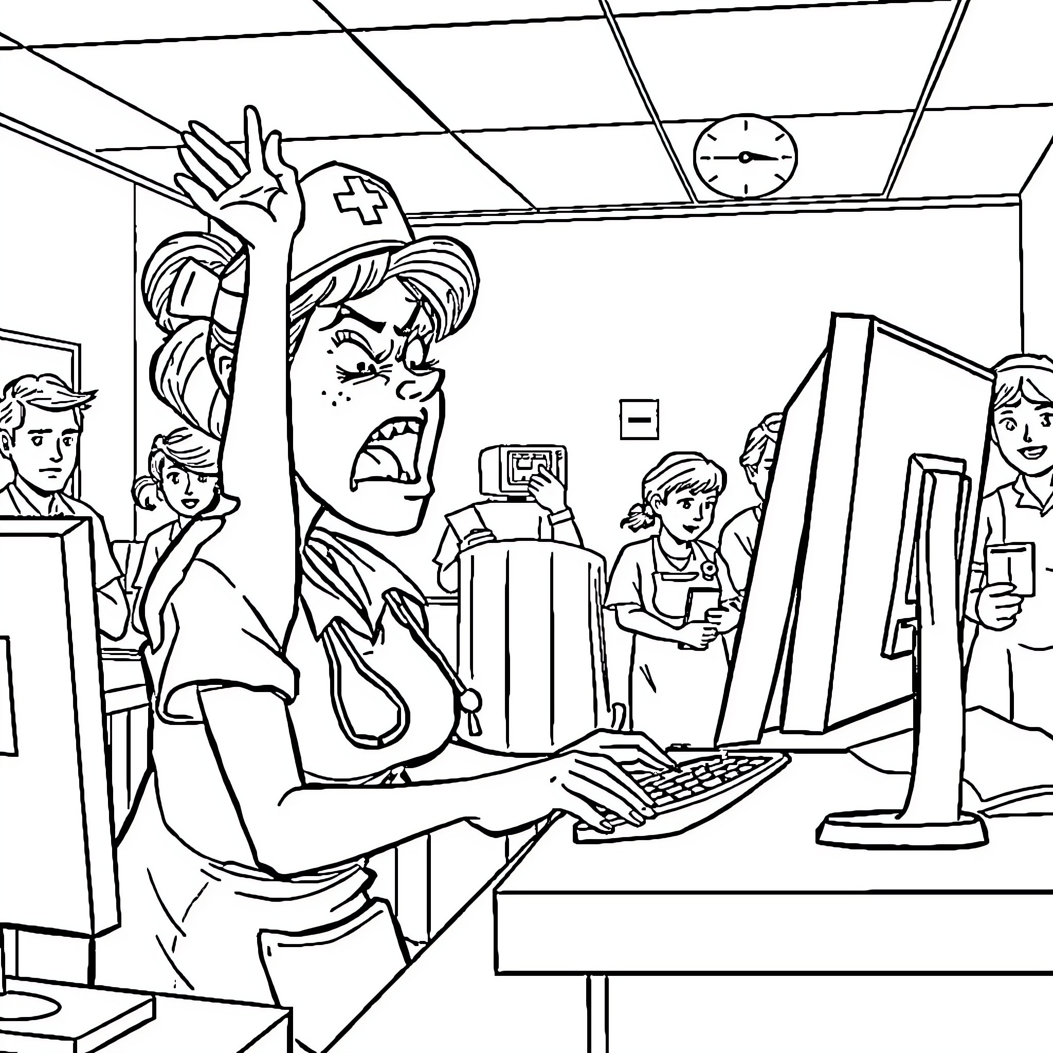 Nurse Assisting Frustrated Patient at Computer Clinic Coloring Page (free black-and-white line drawing printable PDF for all, from beginners to advanced learners, including children, teens, adults, and seniors)