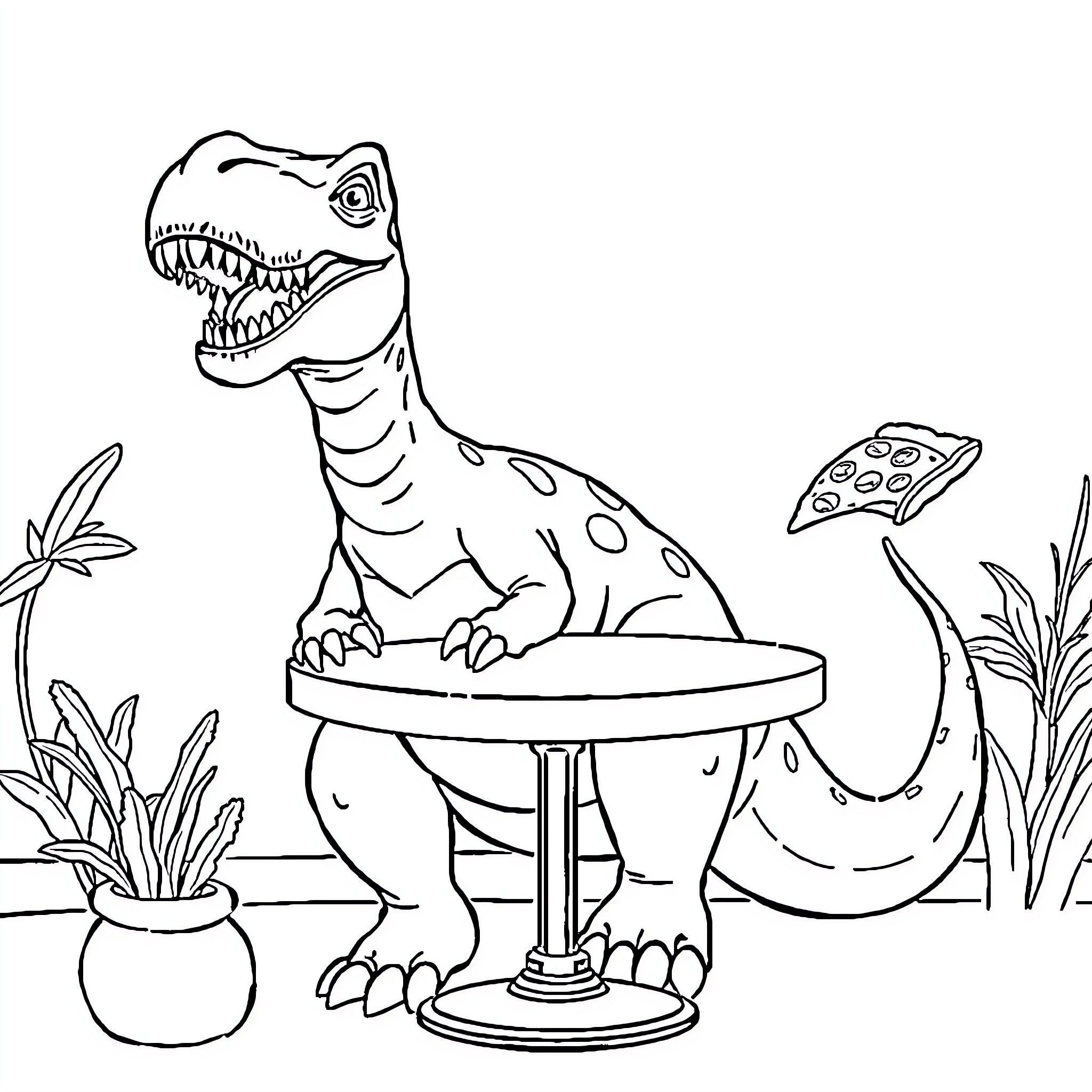Dinosaur eating pizza in the jungle Coloring Page (free black-and-white line drawing printable PDF for all, from beginners to advanced learners, including children, teens, adults, and seniors)