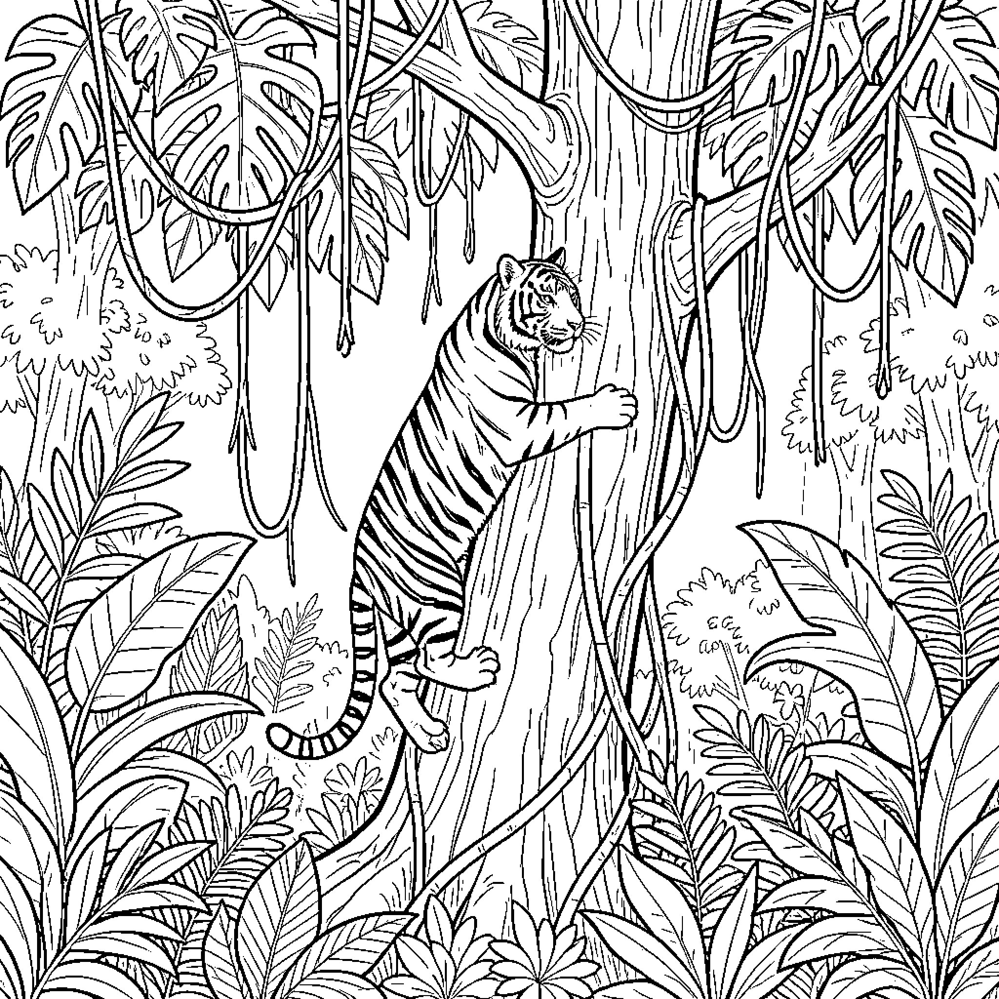 Tiger in a lush jungle scene Coloring Page (free black-and-white line drawing printable PDF for all, from beginners to advanced learners, including children, teens, adults, and seniors)