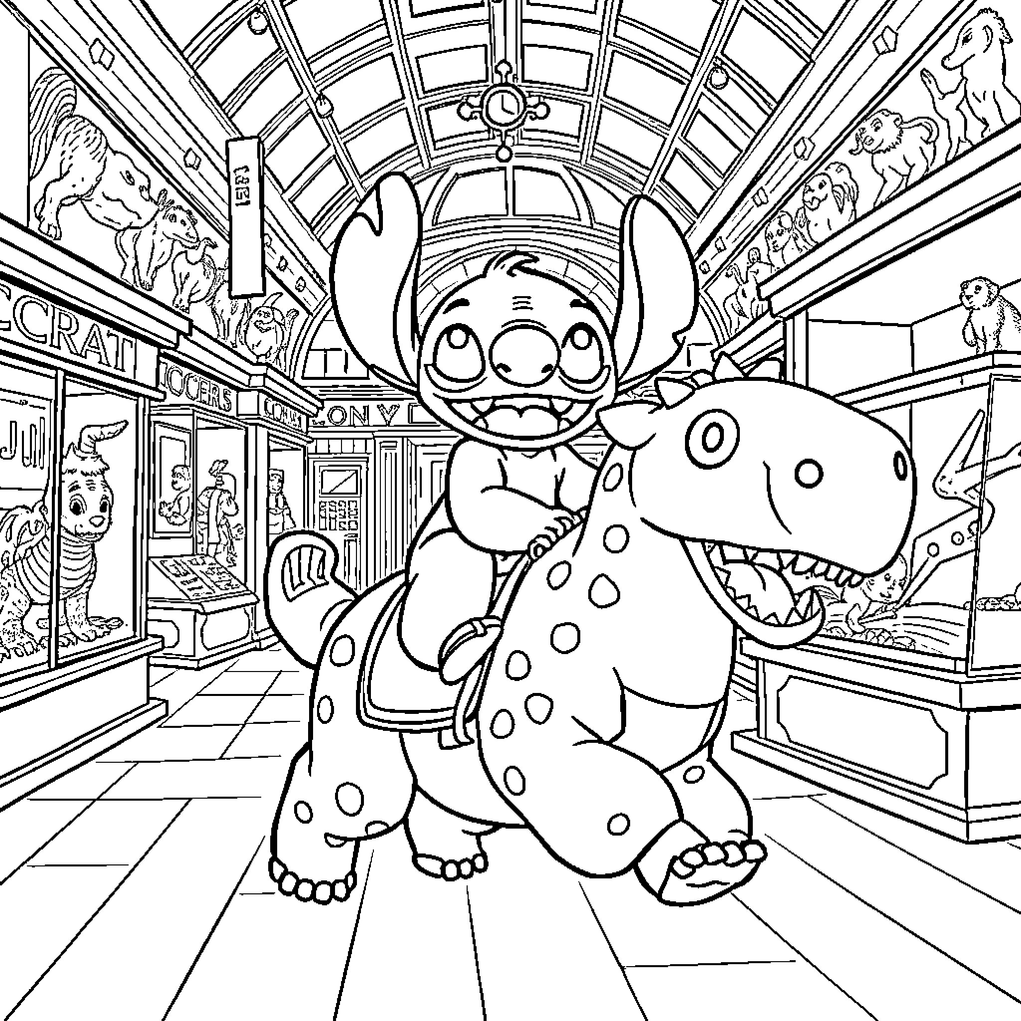 Stitch adventures in a colorful shopping mall Coloring Page (free black-and-white line drawing printable PDF for all, from beginners to advanced learners, including children, teens, adults, and seniors)