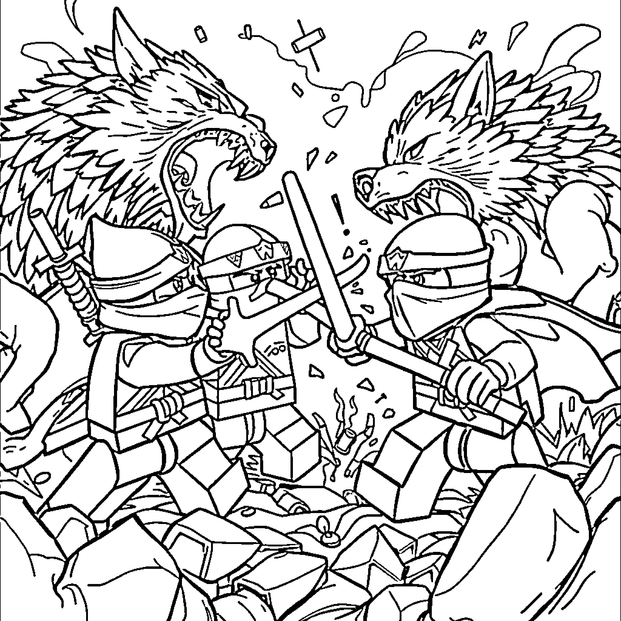 Ninja warriors in fierce combat with armored creatures Coloring Page (free black-and-white line drawing printable PDF for all, from beginners to advanced learners, including children, teens, adults, and seniors)
