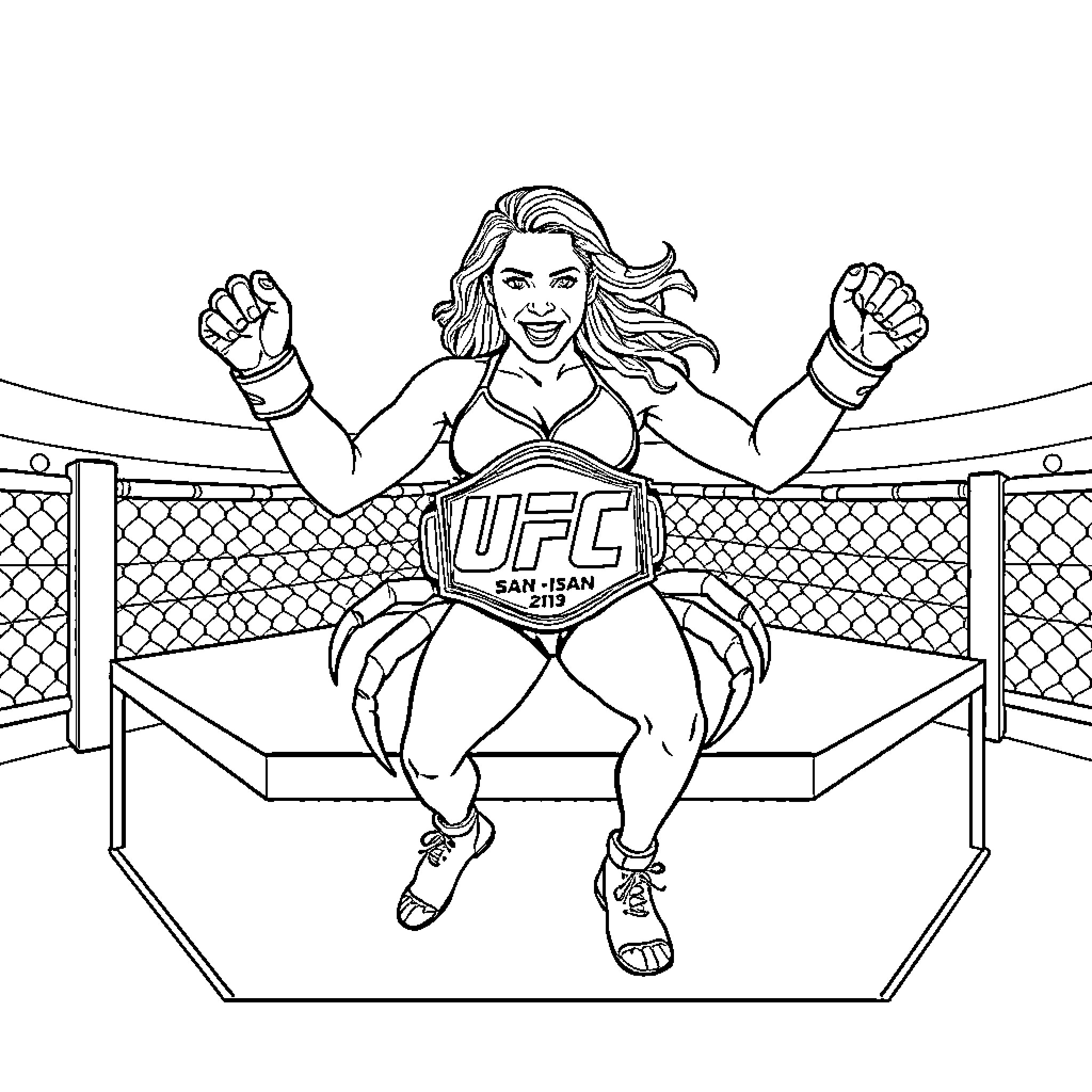 Mackenzie Dern Triumphant in MMA Octagon Coloring Page (free black-and-white line drawing printable PDF for all, from beginners to advanced learners, including children, teens, adults, and seniors)