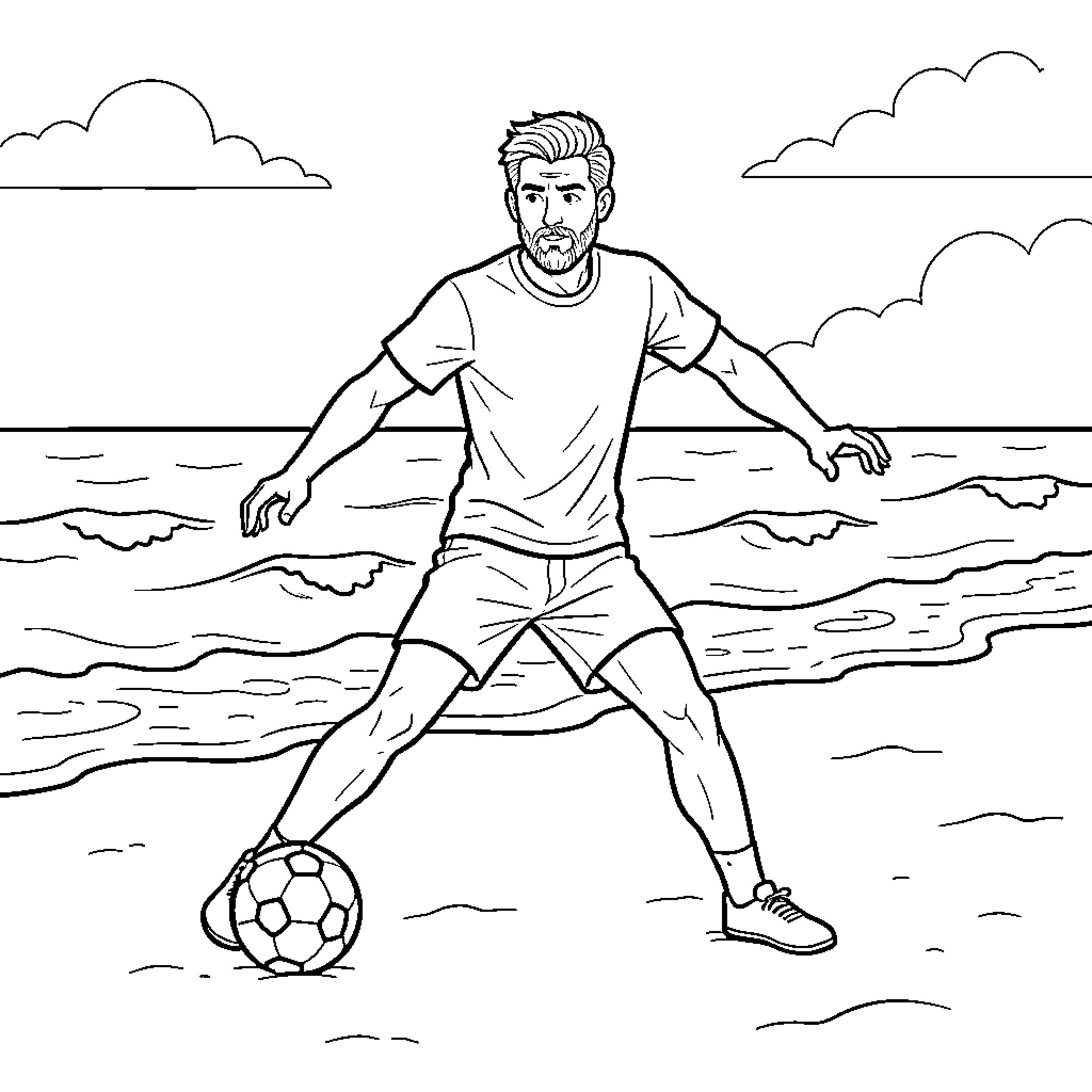 Man playing soccer on the beach Coloring Page (free black-and-white line drawing printable PDF for all, from beginners to advanced learners, including children, teens, adults, and seniors)