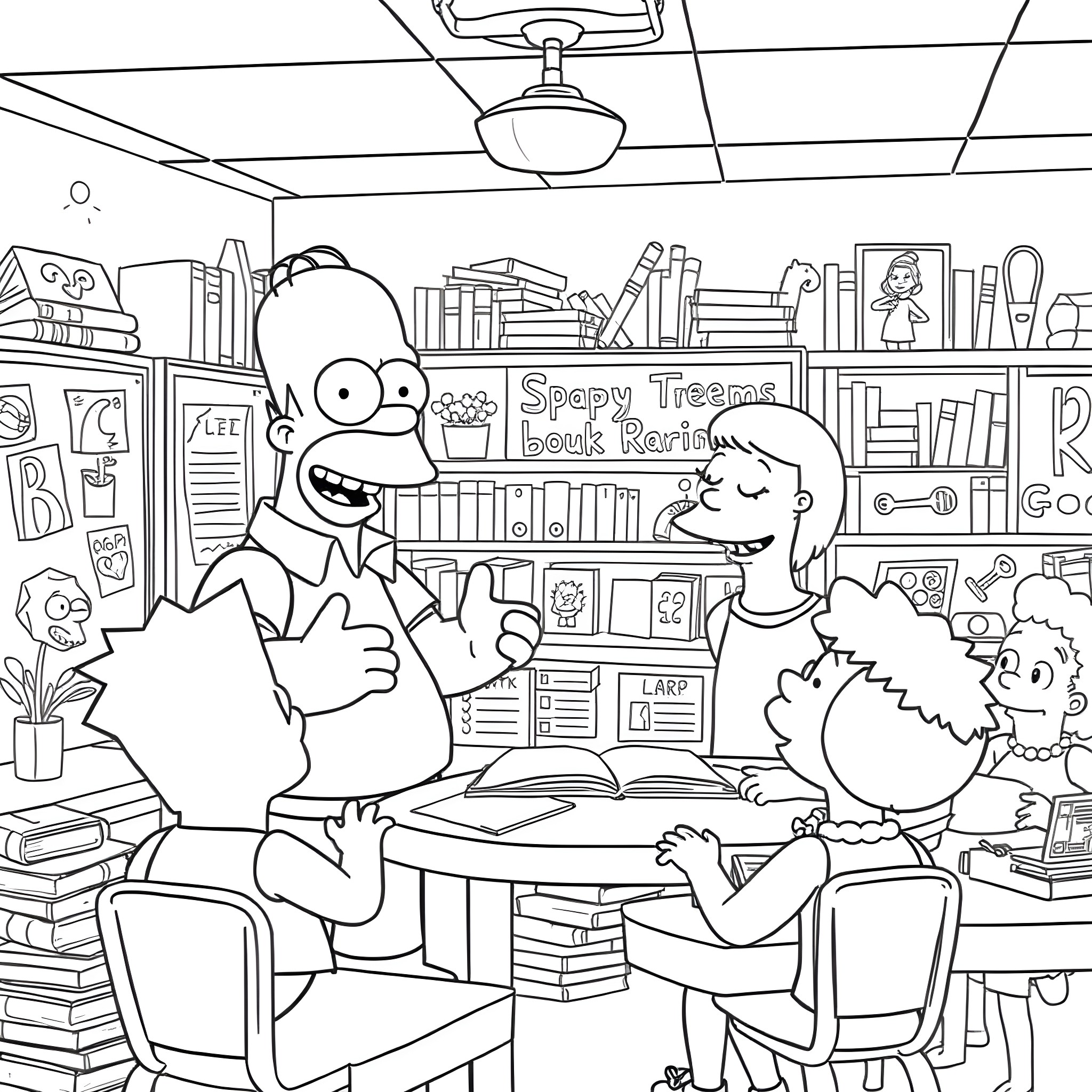 Homer Simpson Discussing Book Reviews with Student Coloring Page (free black-and-white line drawing printable PDF for all, from beginners to advanced learners, including children, teens, adults, and seniors)