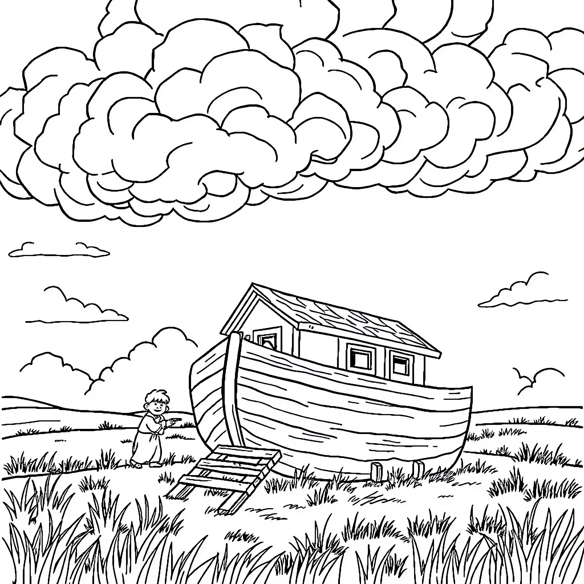Noah's Ark Awaits in the Meadow Coloring Page (free black-and-white line drawing printable PDF for all, from beginners to advanced learners, including children, teens, adults, and seniors)